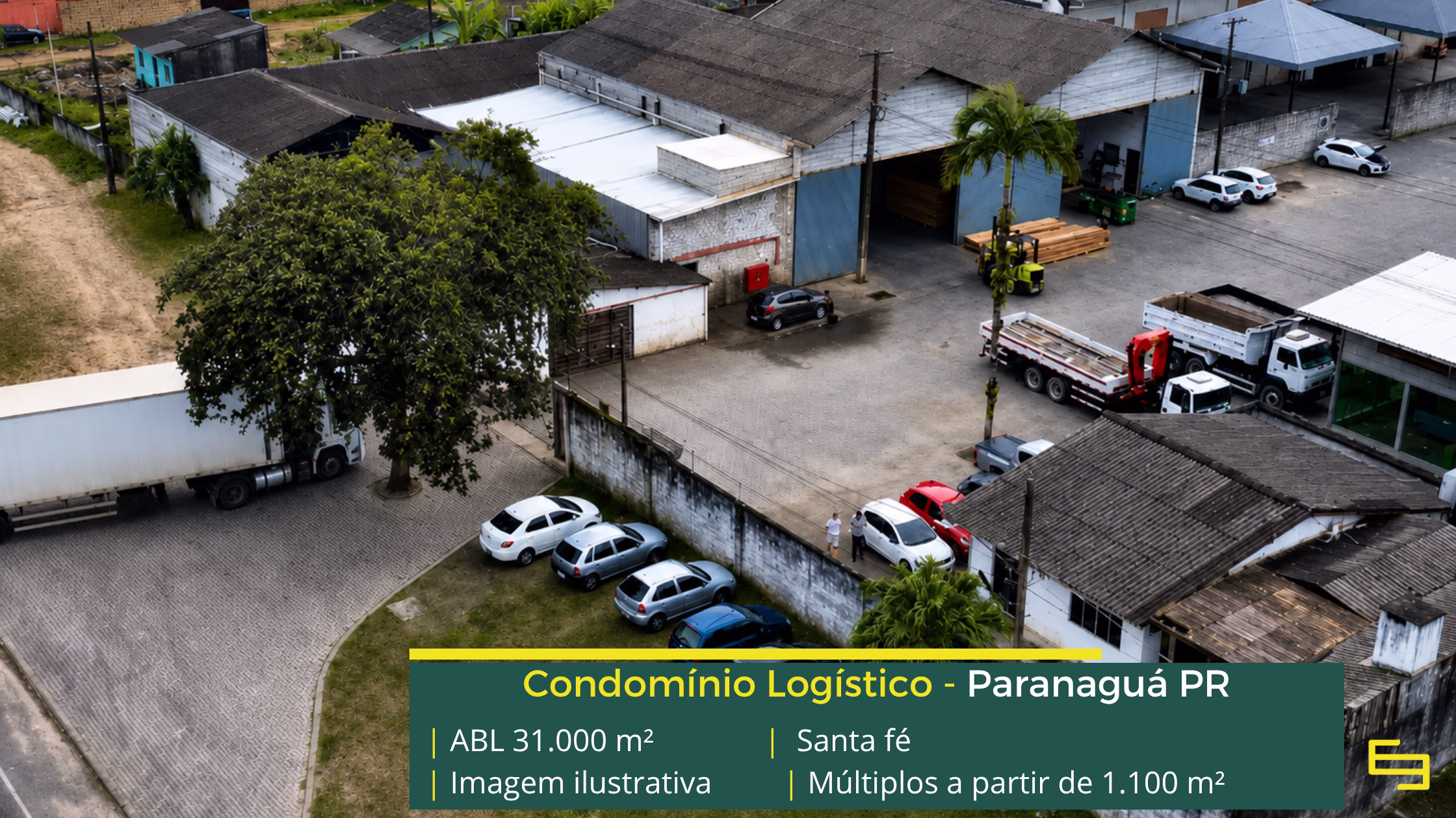 Condomínio Santa Fé Paranaguá com 31.000 m² de ABL, galpões a partir de 1.100 m², pé-direito de 7 m e estrutura logística completa.