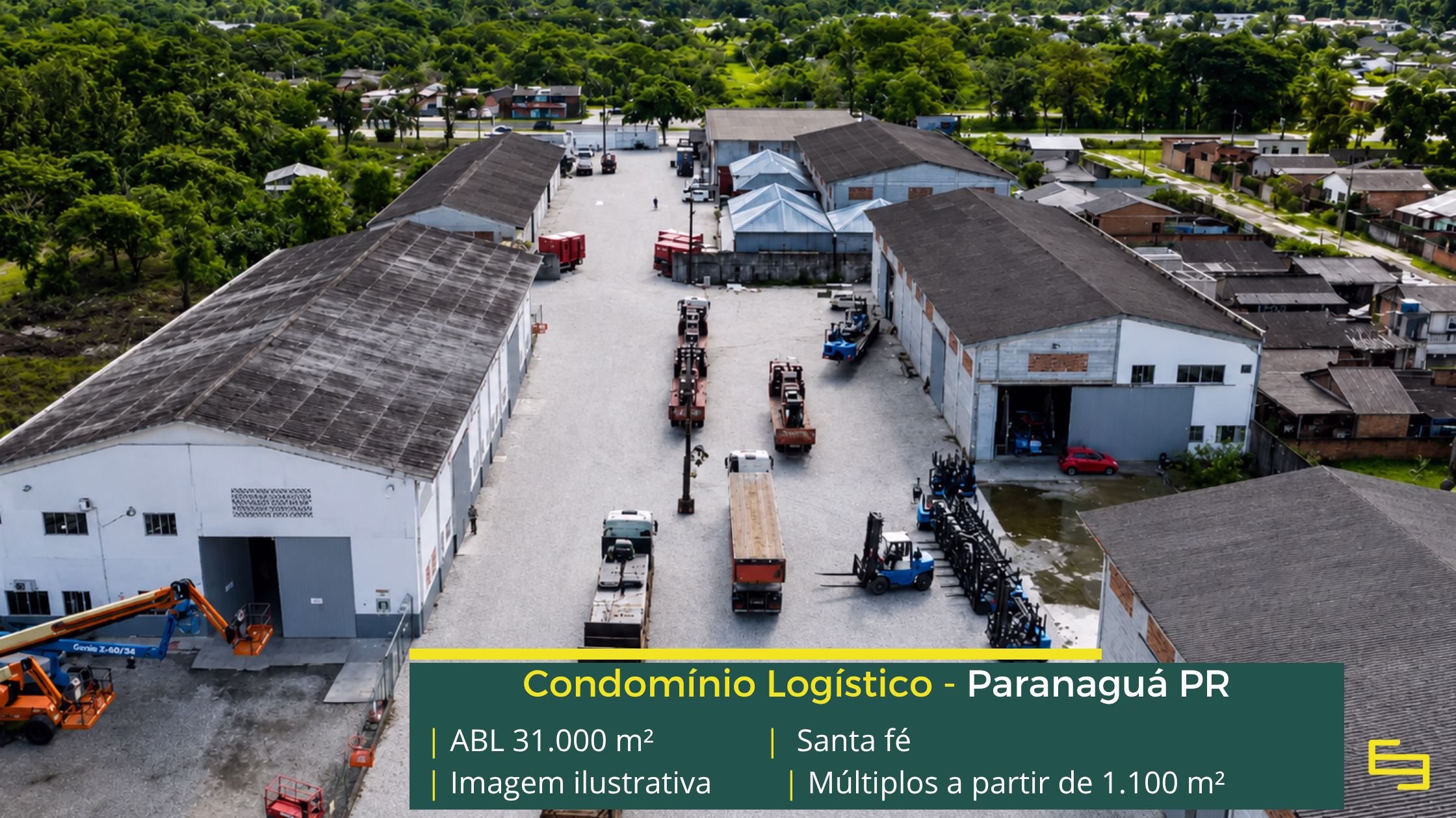 Condomínio Santa Fé Paranaguá com 31.000 m² de ABL, galpões a partir de 1.100 m², pé-direito de 7 m e estrutura logística completa.