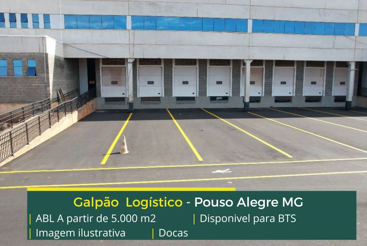 Galpões para alugar em Pouso Alegre MG com docas para carga e descarga, rampa para empilhadeiras, altura de 12 metros, pátio e guarita