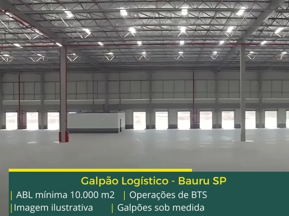 Galpão para alugar em Bauru SP – BTS. Galpões com portaria blindada, amplo pátio, docas, piso industrial e altura de 12 metros.