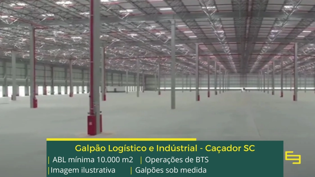 Galpão para alugar em Caçador SC – BTS. Para uso logístico, industrial e varejo, galpões com docas, pátio, mezaninos, altura de 12 metros