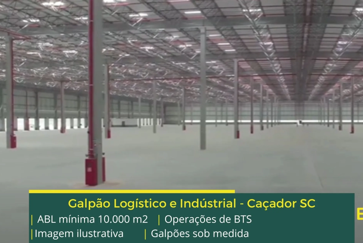 Galpão para alugar em Caçador SC – BTS. Para uso logístico, industrial e varejo, galpões com docas, pátio, mezaninos, altura de 12 metros
