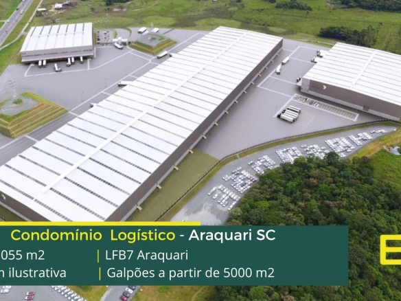 Galpões logísticos para alugar em Araquari - Condomínio LFB7. Portaria e segurança 24 horas, docas, piso industrial e altura de 12 metros