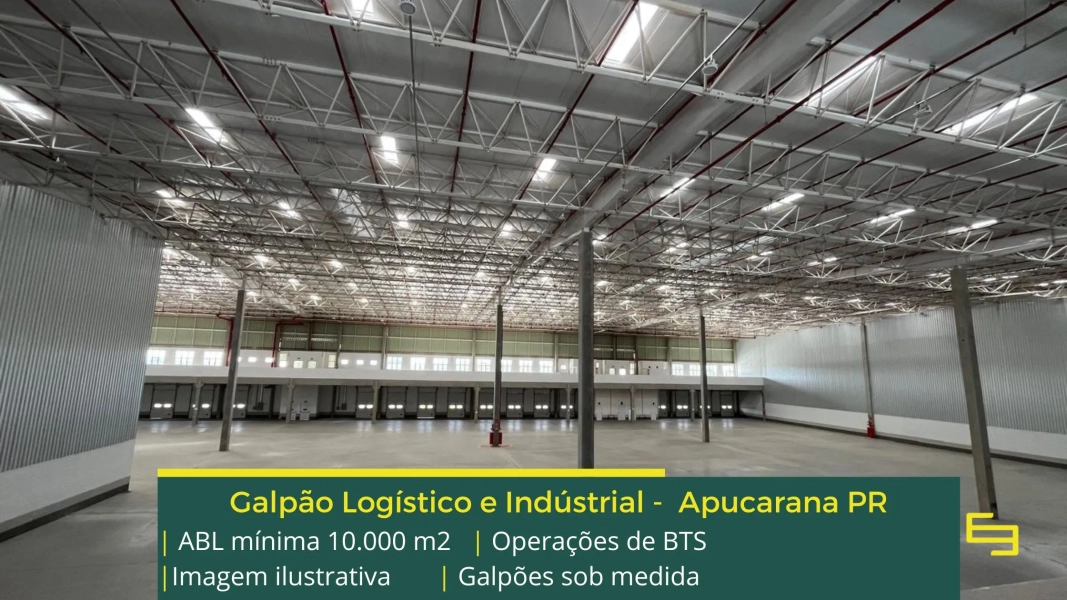 Galpão para alugar em Apucarana PR – BTS. Para uso logístico, industrial e varejo, galpões com docas, pátio, mezaninos, altura de 12 metros