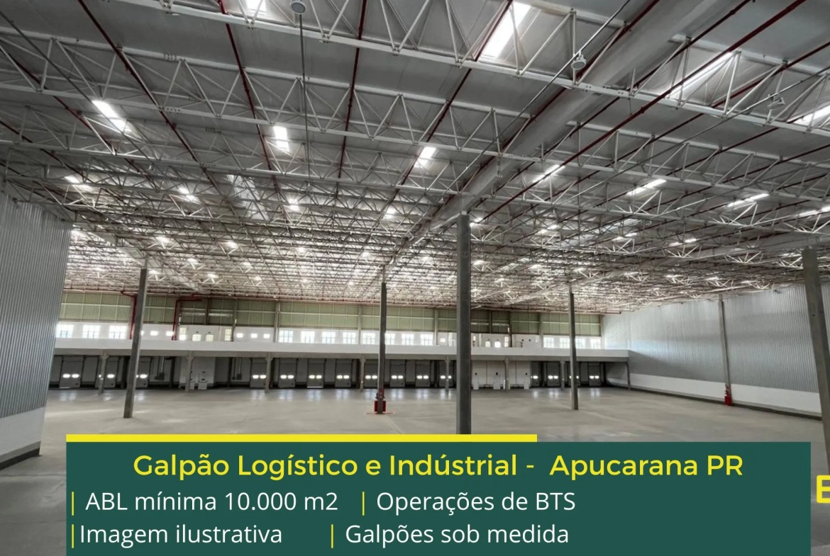 Galpão para alugar em Apucarana PR – BTS. Aluguel de galpão em Apucarana com docas, piso industrial, pátio, altura de 12 metros e guarita