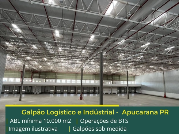 Galpão para alugar em Apucarana PR – BTS. Aluguel de galpão em Apucarana com docas, piso industrial, pátio, altura de 12 metros e guarita