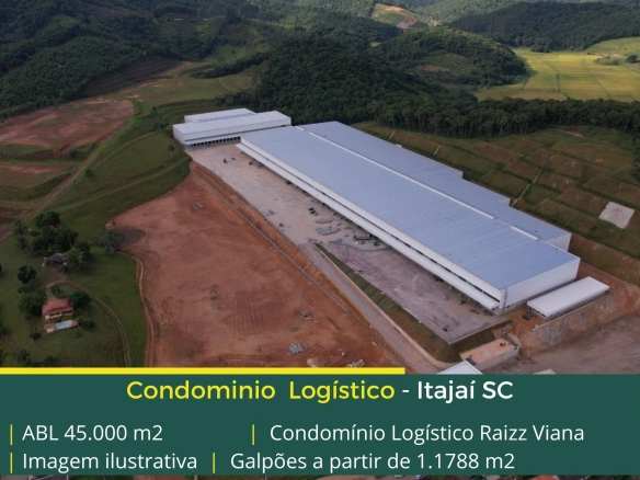 Aluguel de galpões em Itajaí SC - Condomínio logístico Raizz Itajaí. Módulos a partir de 1800 m2 com docas para carga e descarga, segurança