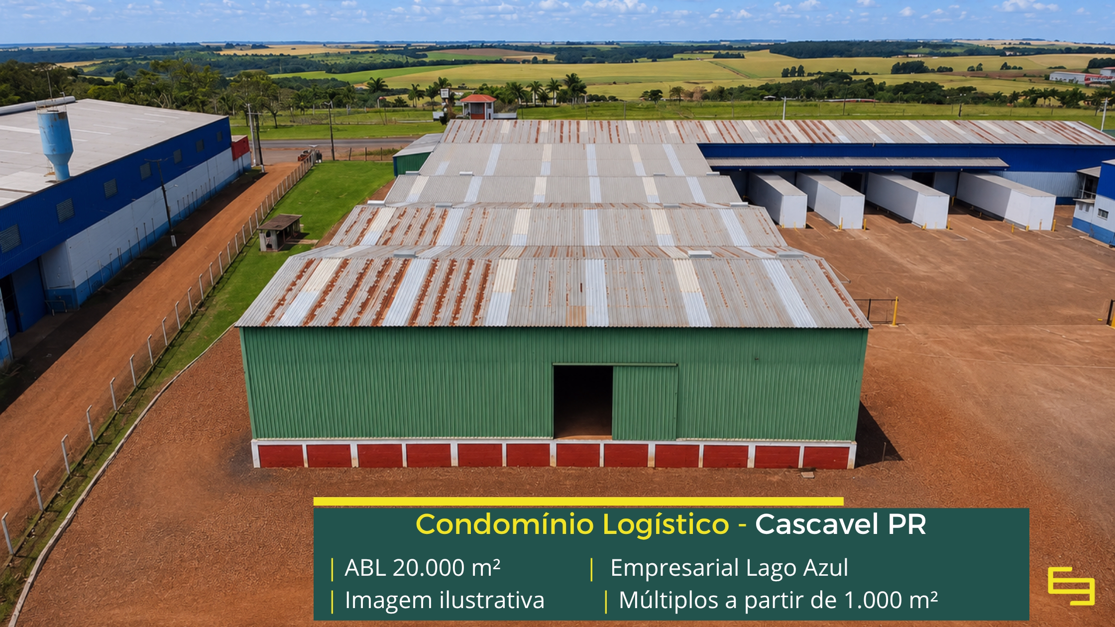 Galpão para alugar em Cascavel PR Empresarial Lago Azul Cascavel com aproximadamente 20.000 m² de ABL, galpões a partir de 1.000 m², piso de 6 t/m² e acesso à BR-369.