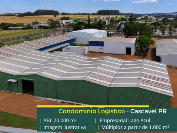Empresarial Lago Azul Cascavel com aproximadamente 20.000 m² de ABL, galpões a partir de 1.000 m², piso de 6 t/m² e acesso à BR-369.