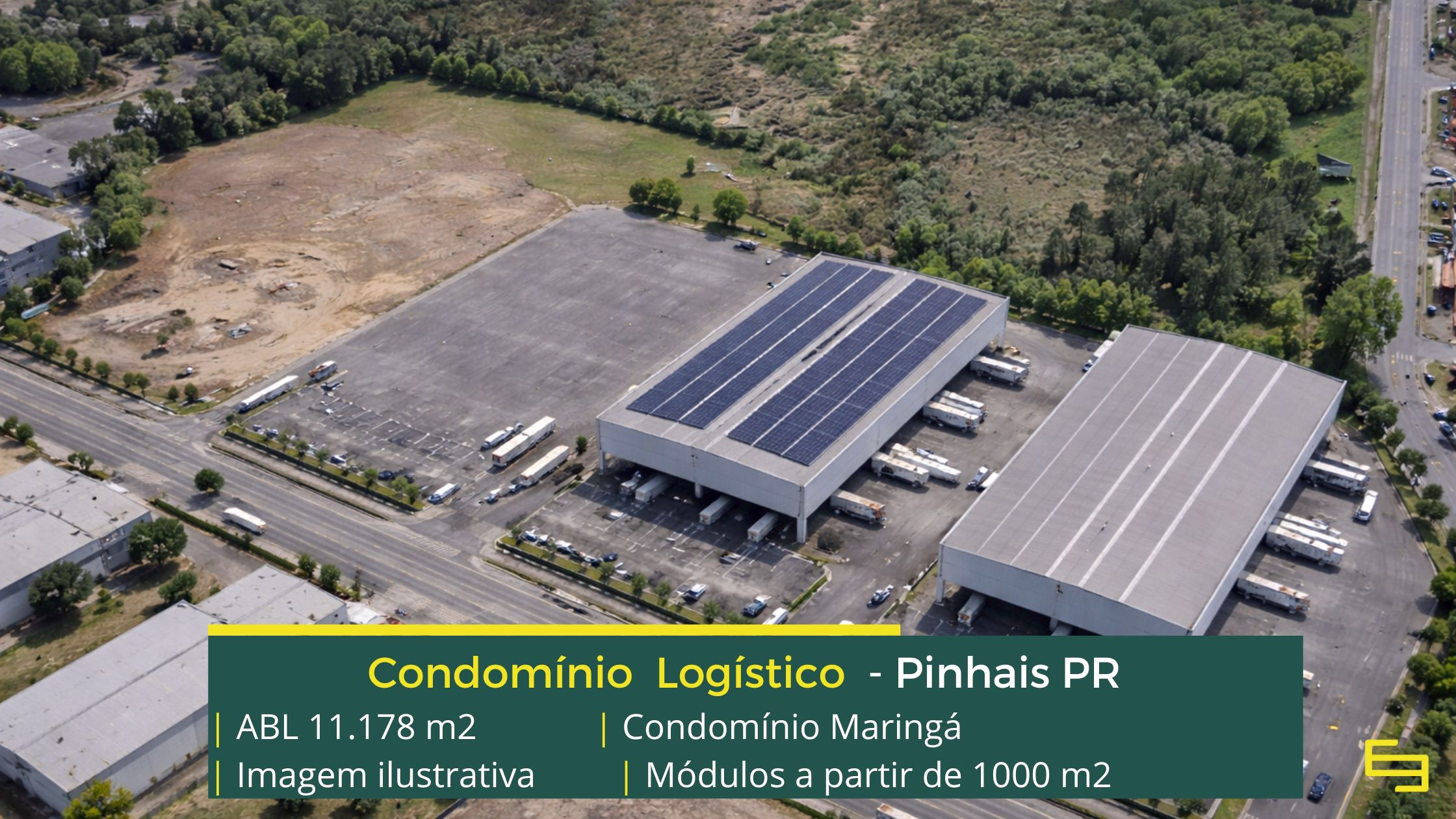 Galpões para alugar em Pinhais PR - Condomínio de Barracões Maringá. Portaria com vigilância 24 horas, CFTV, galpão com docas e amplo pátio