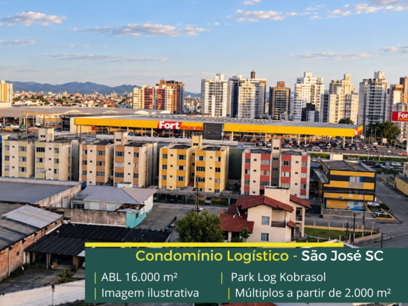 Park Log Kobrasol: galpão em São José SC com módulos a partir de aproximadamente 2.000 m², piso para 4 t/m² e acesso à BR-101.