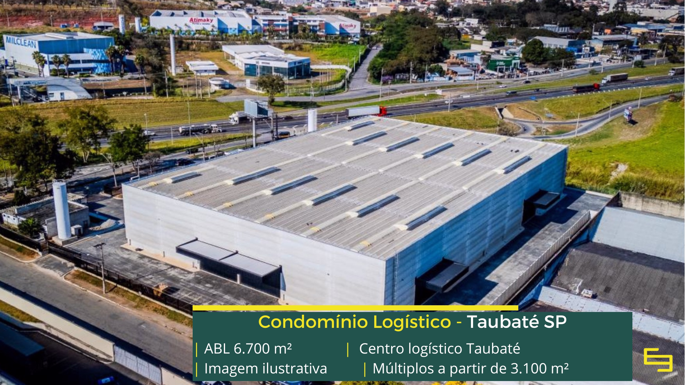 Centro Logístico Taubaté: galpão em Taubaté SP com 6.700 m² de ABL, módulos a partir de 3.100 m², pé-direito de 12 m e piso para 6 t/m².