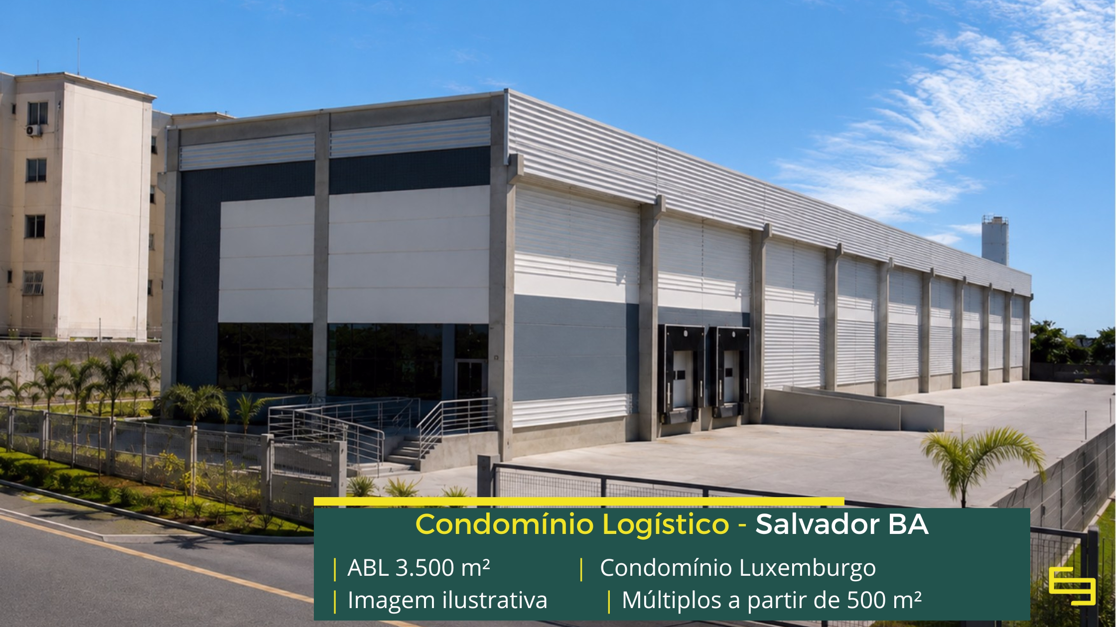 Condomínio Luxemburgo: galpão em Salvador BA com 3.500 m², pé-direito de 9 m, piso para 5 t/m² e possibilidade de execução de docas.