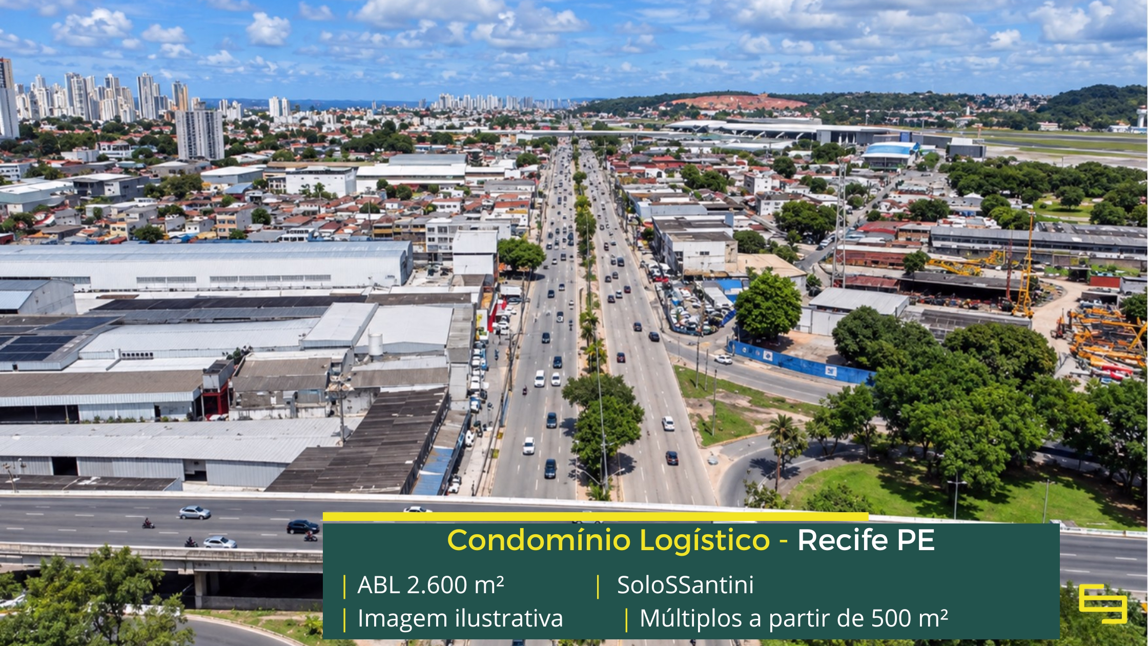SoloSSantini: galpão em Recife PE com módulos de 200 m² a 2.600 m², piso para 5 t/m², salas comerciais e área para expansão.