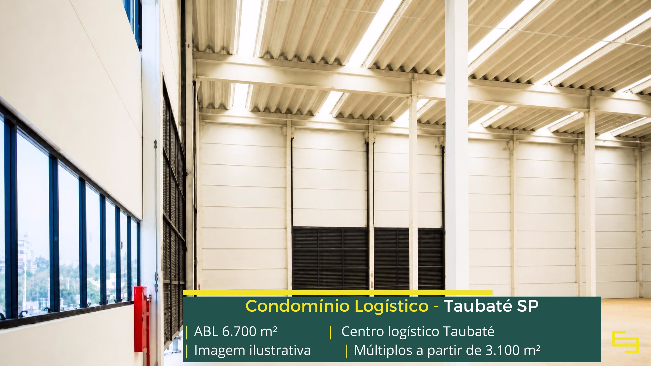 Centro Logístico Taubaté: galpão em Taubaté SP com 6.700 m² de ABL, módulos a partir de 3.100 m², pé-direito de 12 m e piso para 6 t/m².