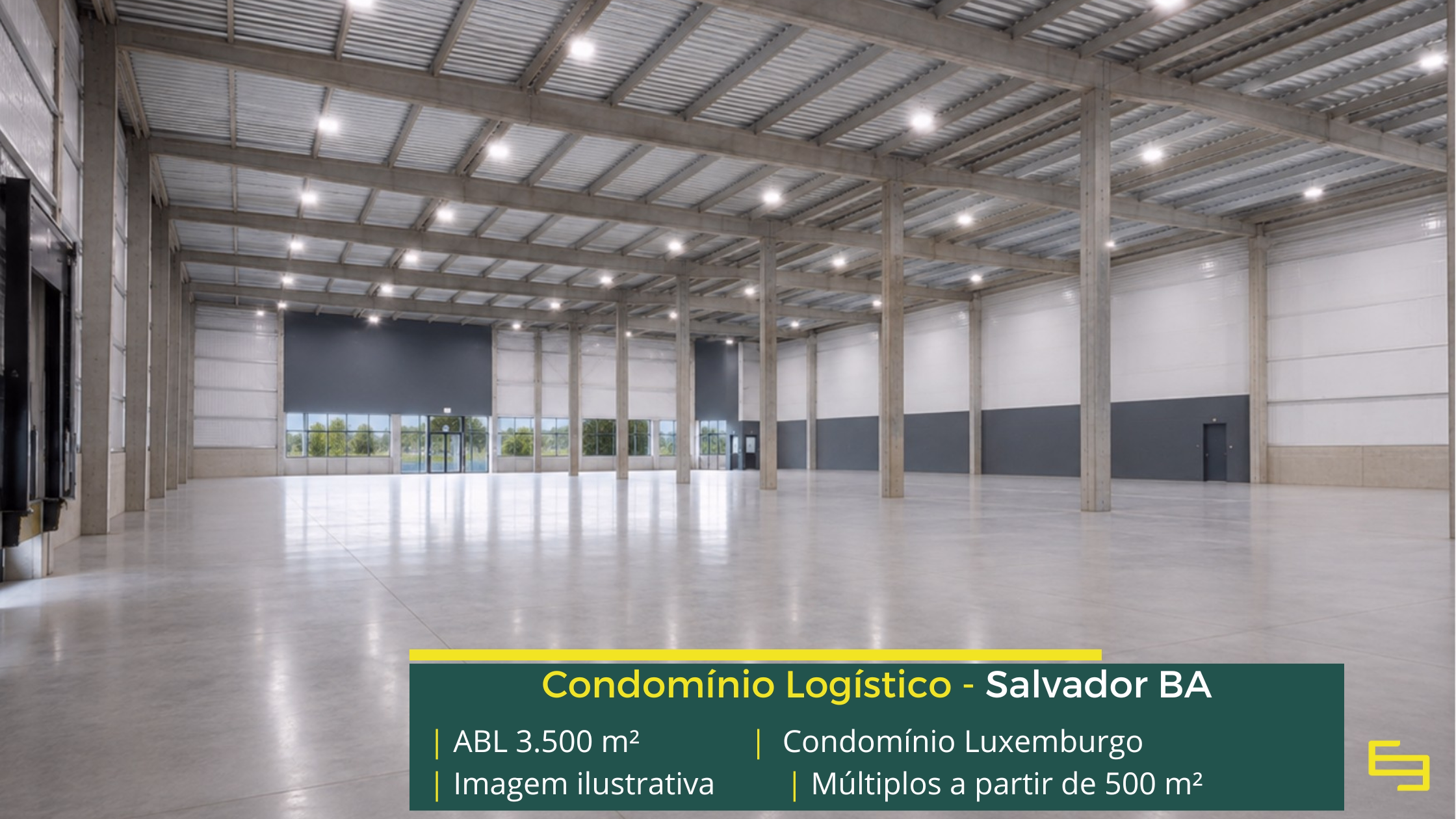 Condomínio Luxemburgo: galpão em Salvador BA com 3.500 m², pé-direito de 9 m, piso para 5 t/m² e possibilidade de execução de docas.