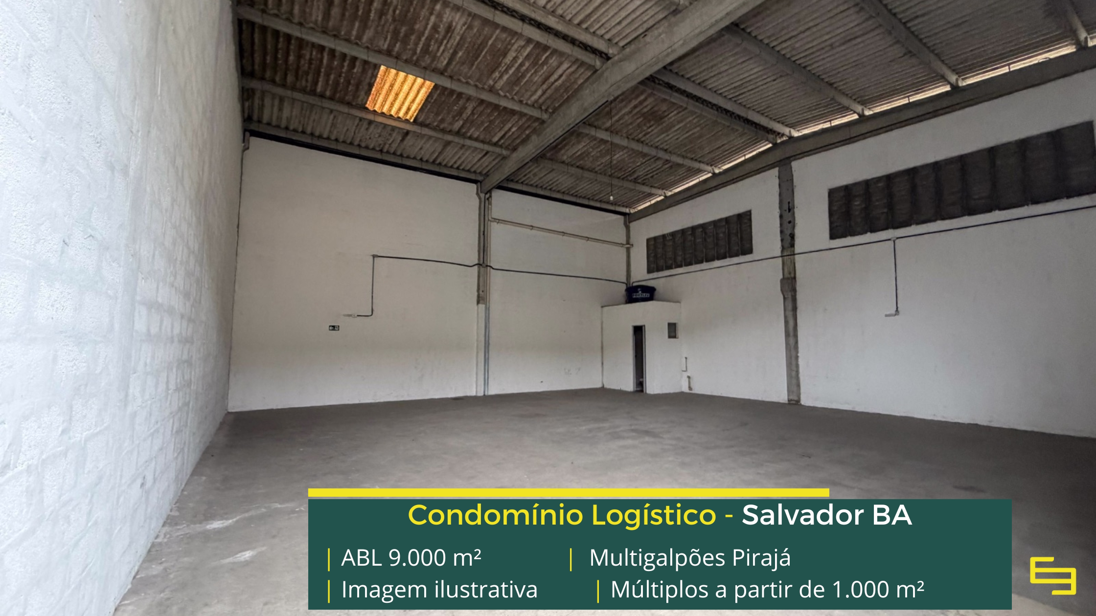 Multigalpões Pirajá: galpão em Pirajá com módulos de 100 m² a 1.000 m², pé-direito de 8 m, piso para 4 t/m² e acesso à BR-324.