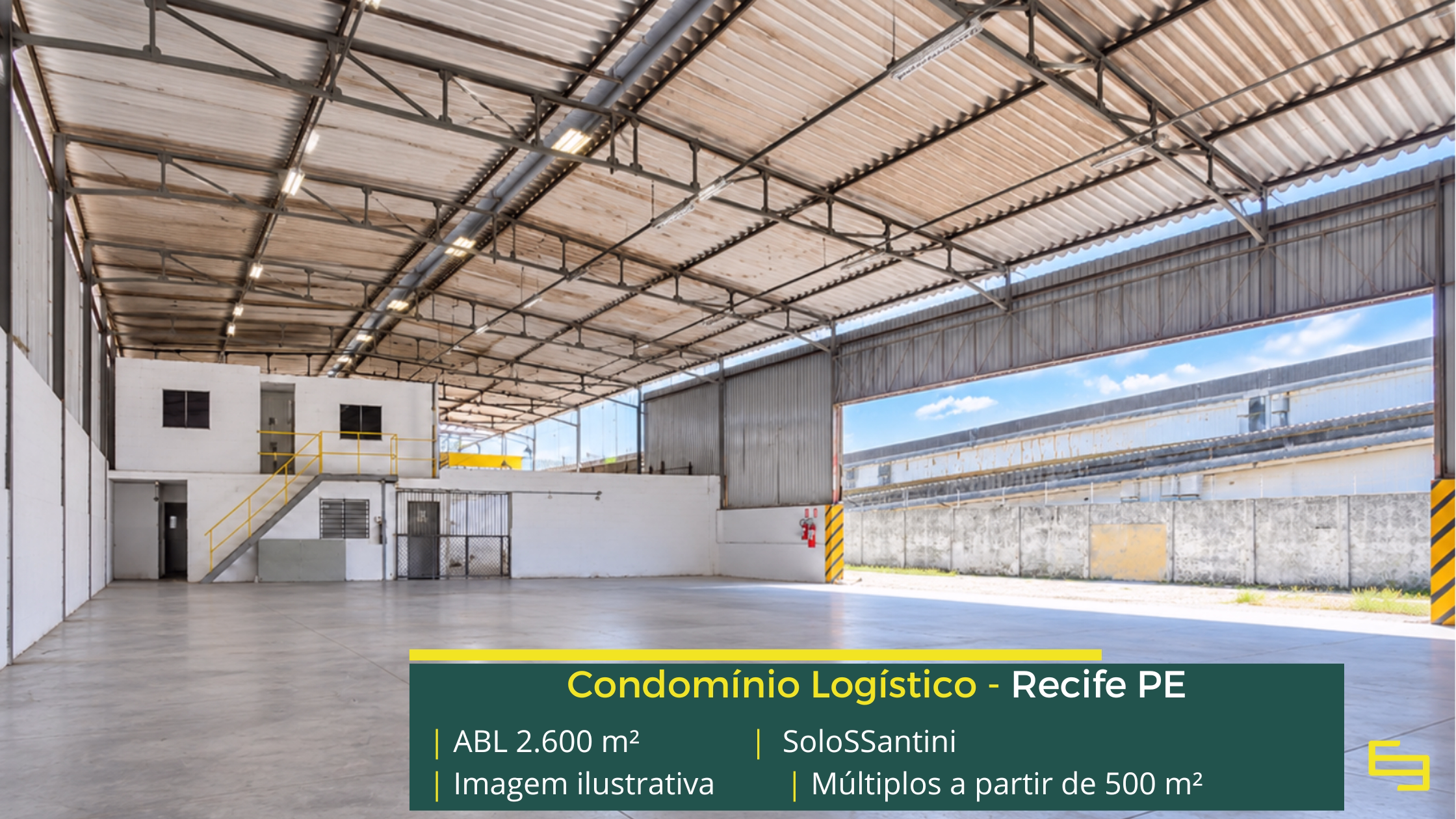 SoloSSantini: galpão em Recife PE com módulos de 200 m² a 2.600 m², piso para 5 t/m², salas comerciais e área para expansão.