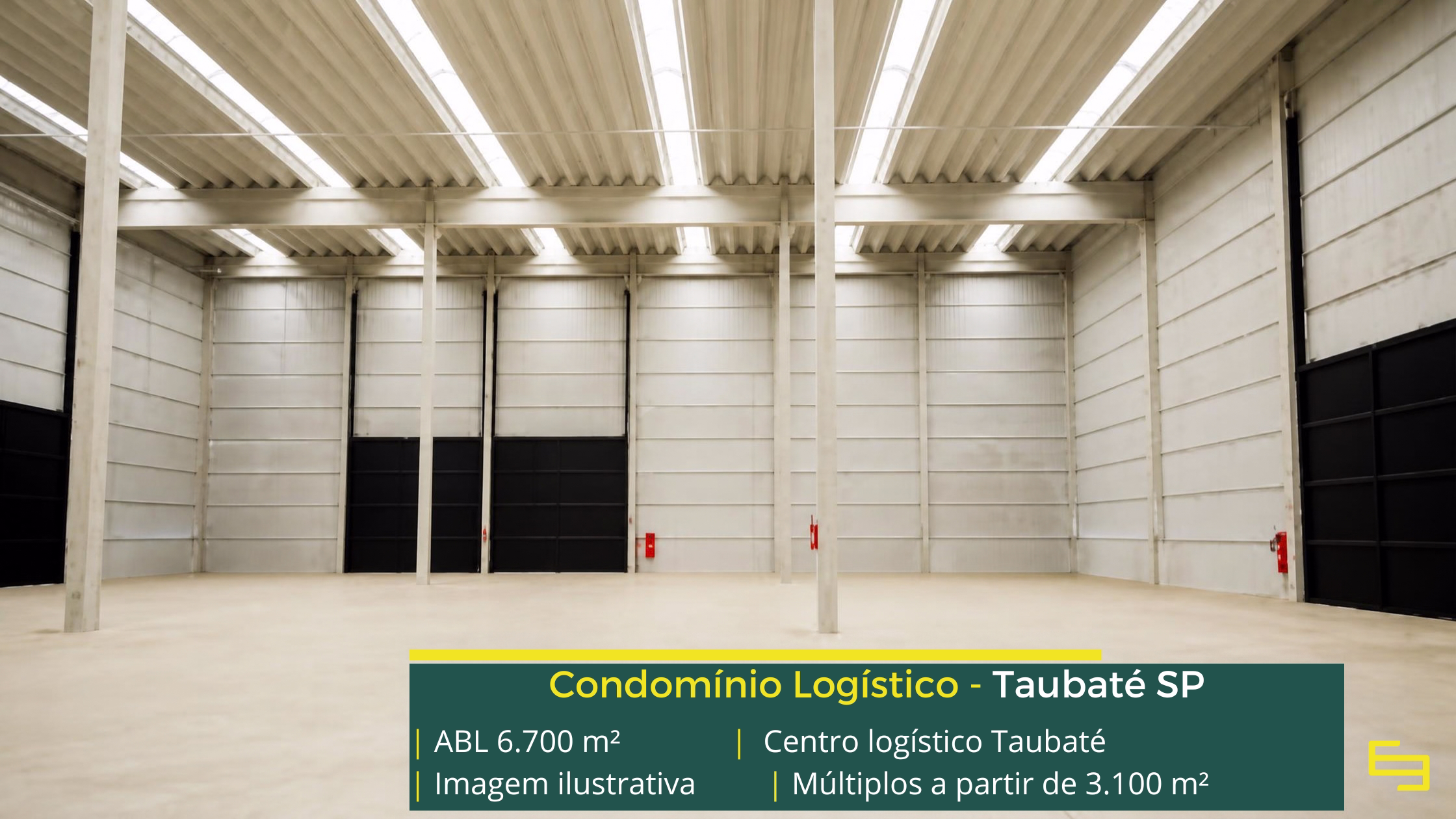 Centro Logístico Taubaté: galpão em Taubaté SP com 6.700 m² de ABL, módulos a partir de 3.100 m², pé-direito de 12 m e piso para 6 t/m².