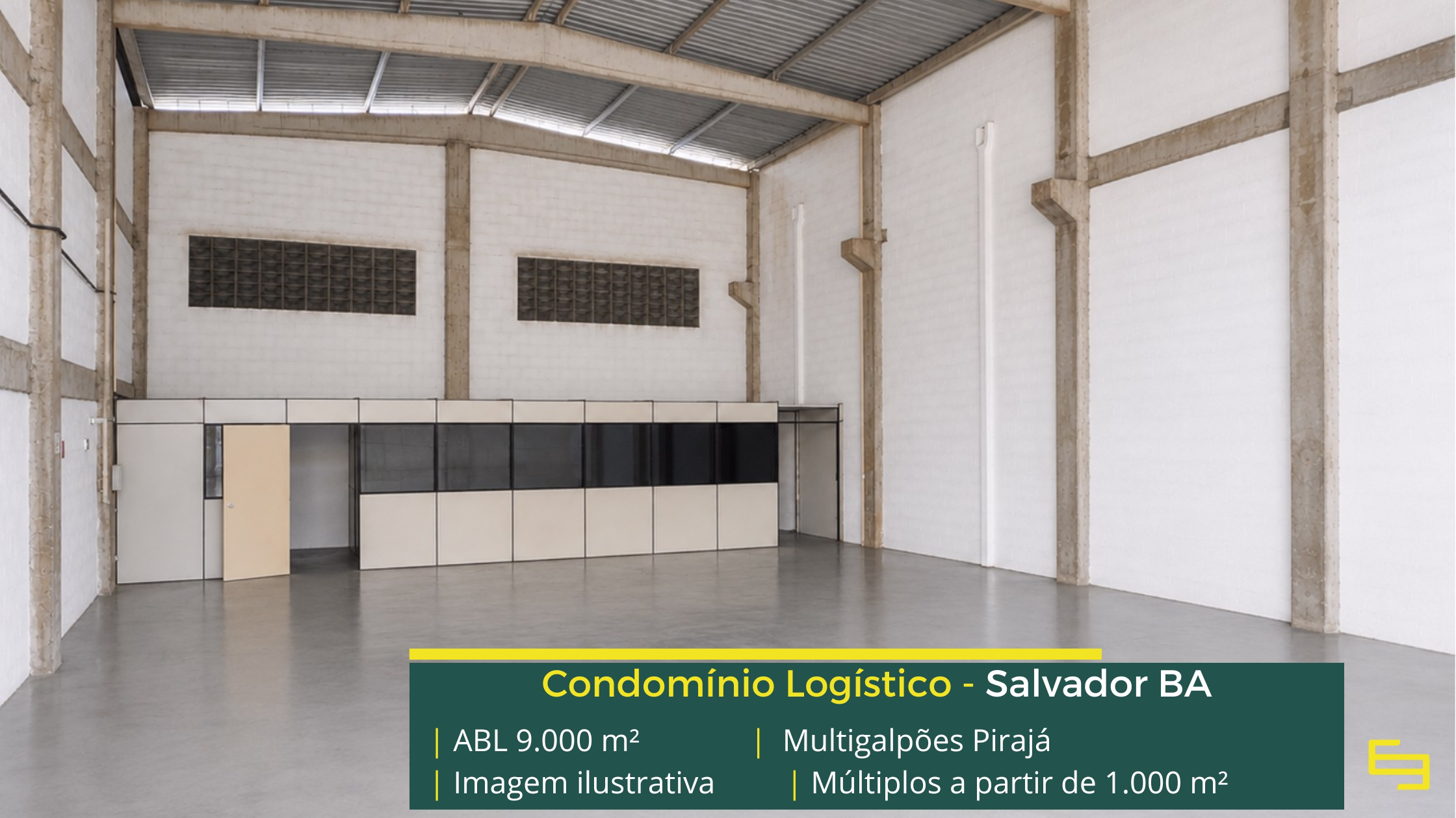 Multigalpões Pirajá: galpão em Pirajá com módulos de 100 m² a 1.000 m², pé-direito de 8 m, piso para 4 t/m² e acesso à BR-324.