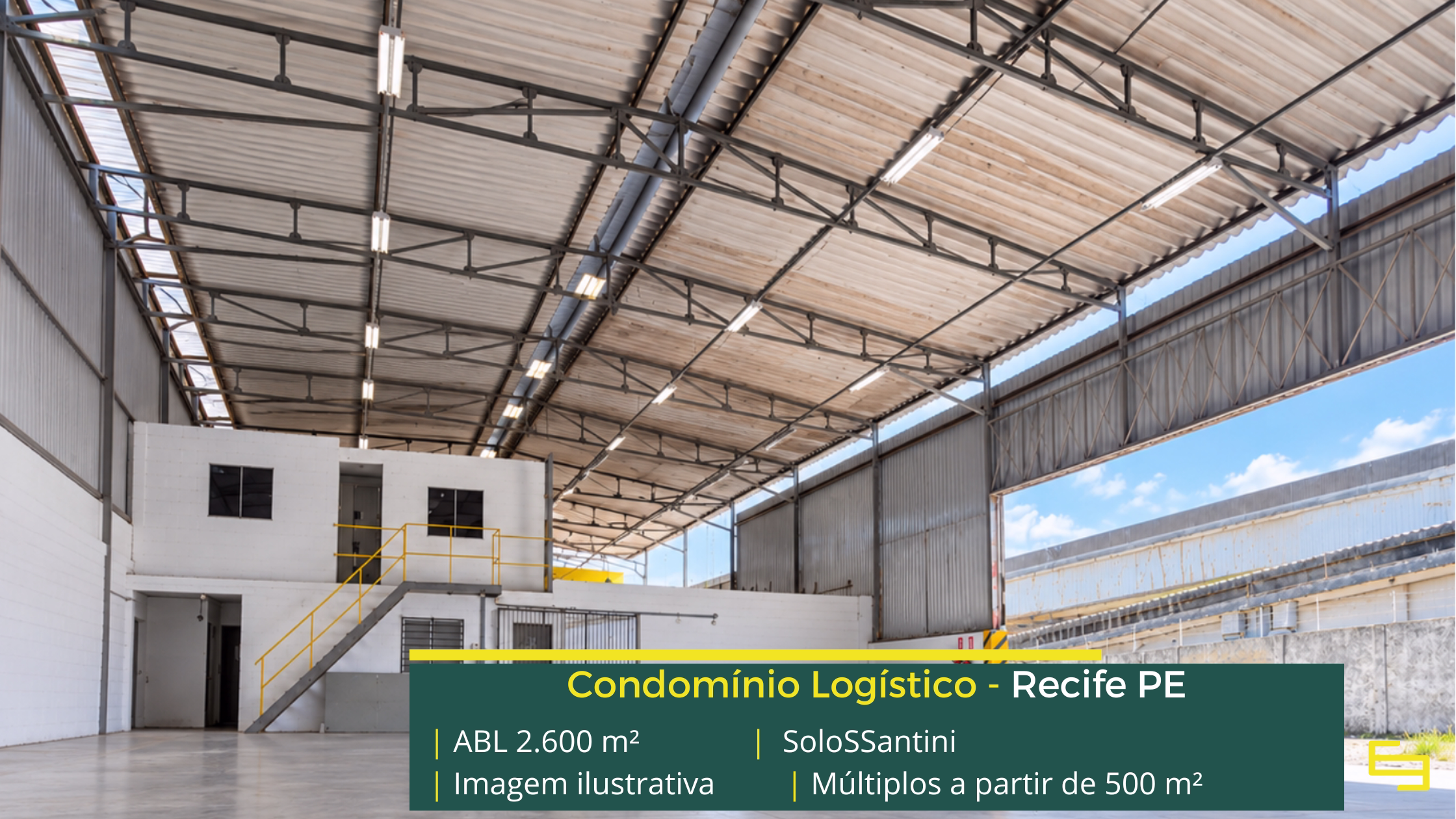 SoloSSantini: galpão em Recife PE com módulos de 200 m² a 2.600 m², piso para 5 t/m², salas comerciais e área para expansão.
