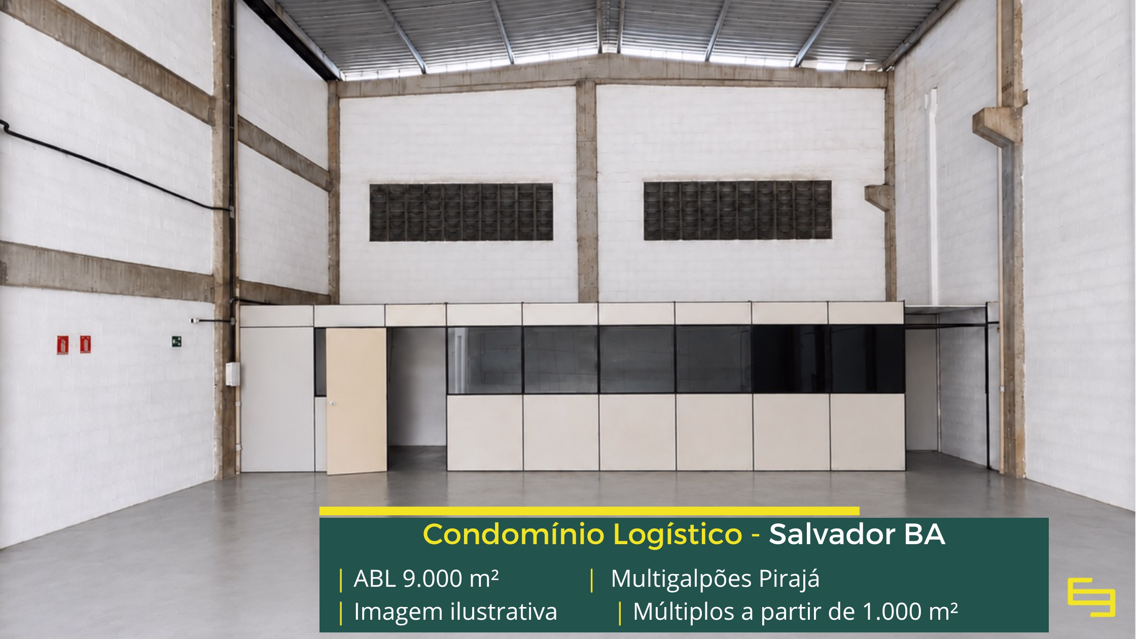 Multigalpões Pirajá: galpão em Pirajá com módulos de 100 m² a 1.000 m², pé-direito de 8 m, piso para 4 t/m² e acesso à BR-324.