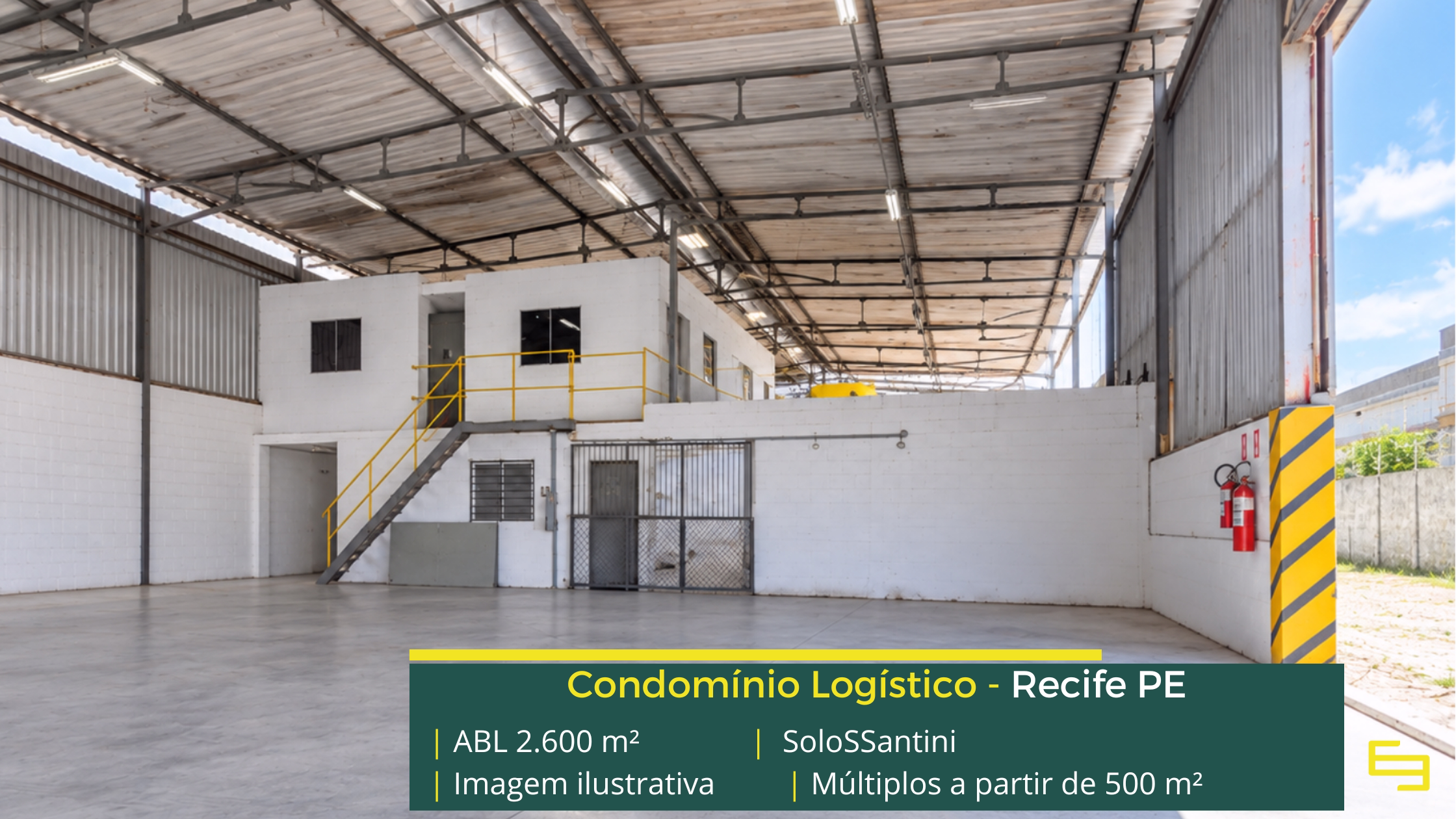 SoloSSantini: galpão em Recife PE com módulos de 200 m² a 2.600 m², piso para 5 t/m², salas comerciais e área para expansão.