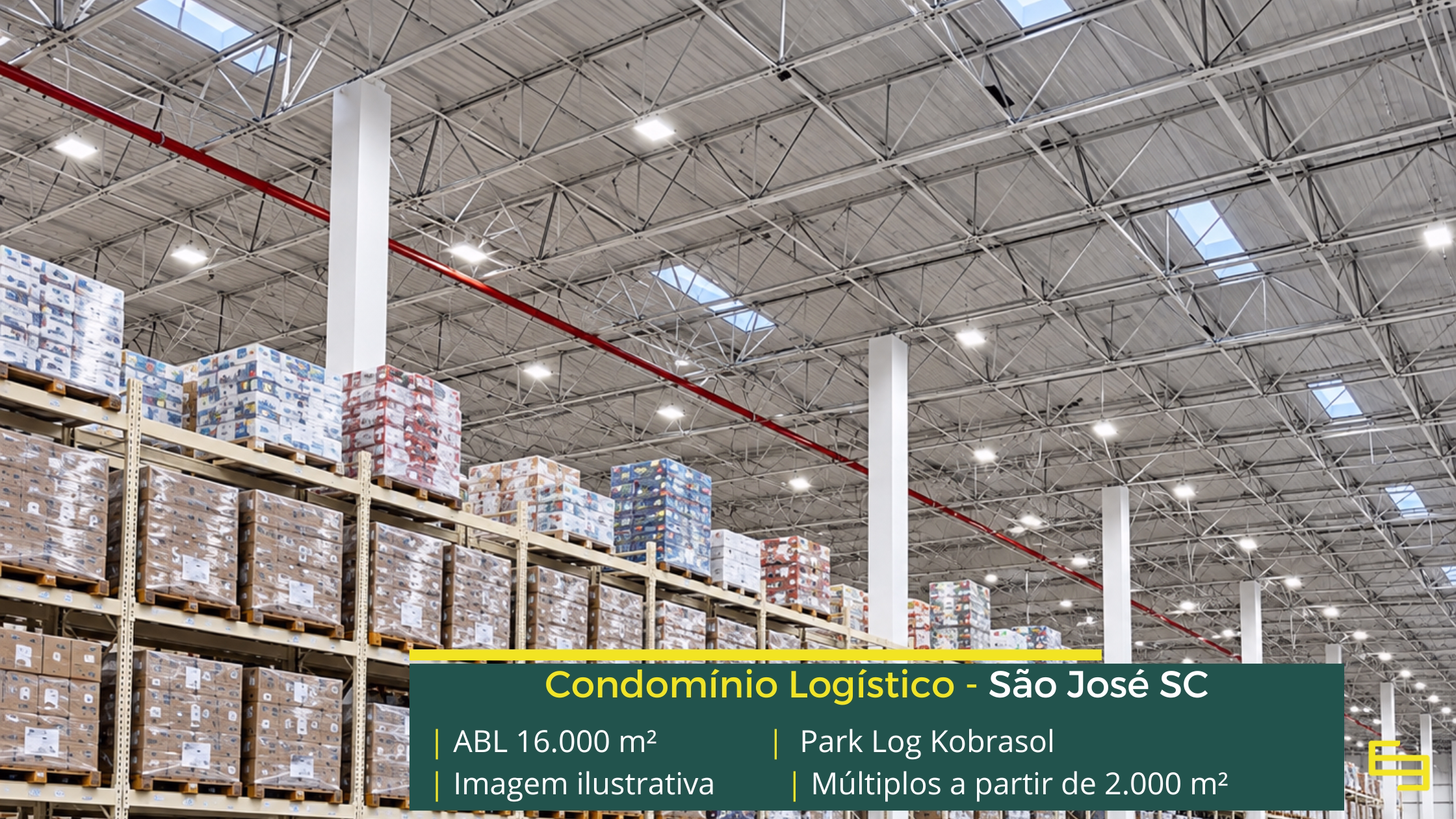 Park Log Kobrasol: galpão em São José SC com módulos a partir de aproximadamente 2.000 m², piso para 4 t/m² e acesso à BR-101.