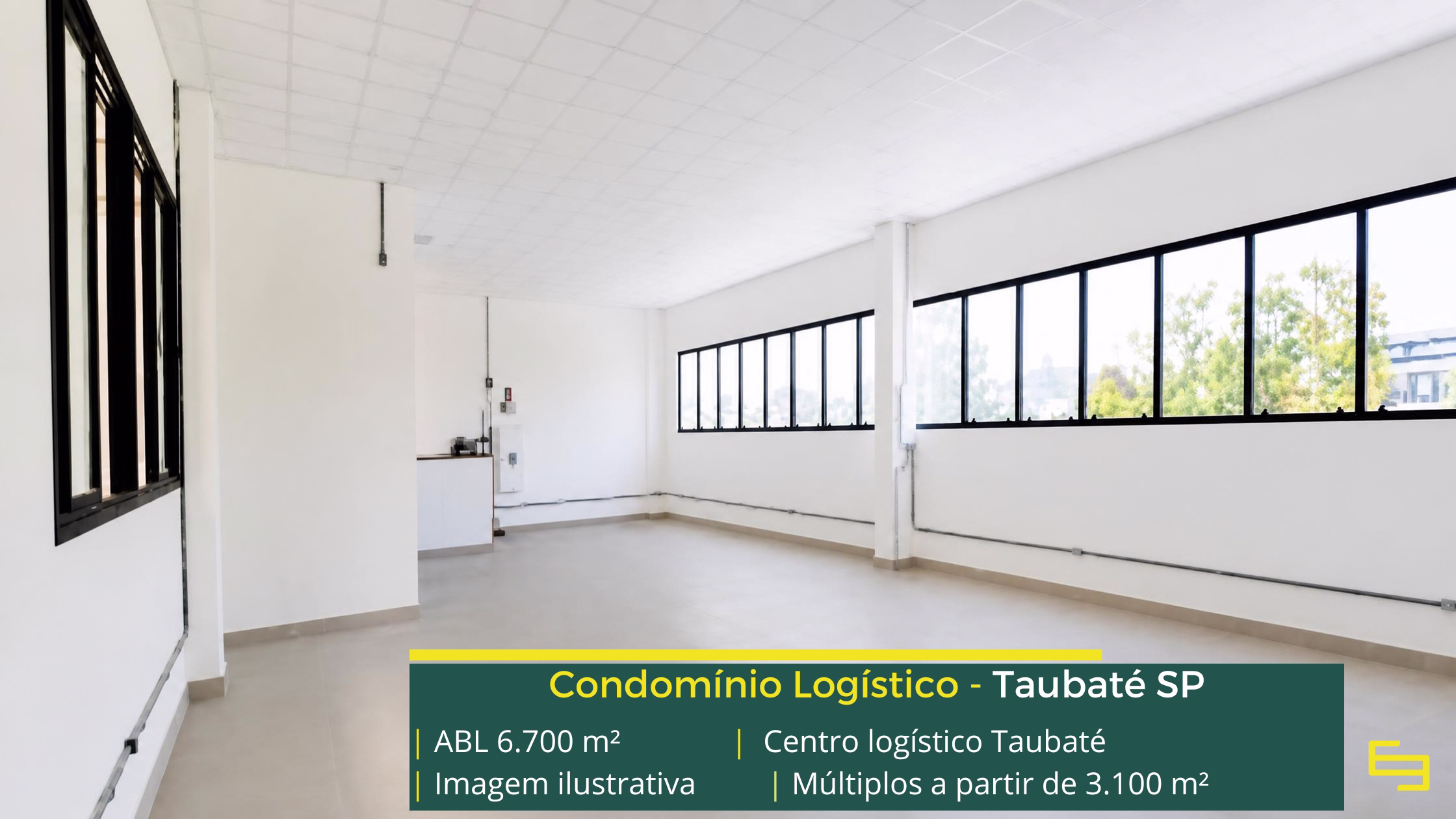 Centro Logístico Taubaté: galpão em Taubaté SP com 6.700 m² de ABL, módulos a partir de 3.100 m², pé-direito de 12 m e piso para 6 t/m².