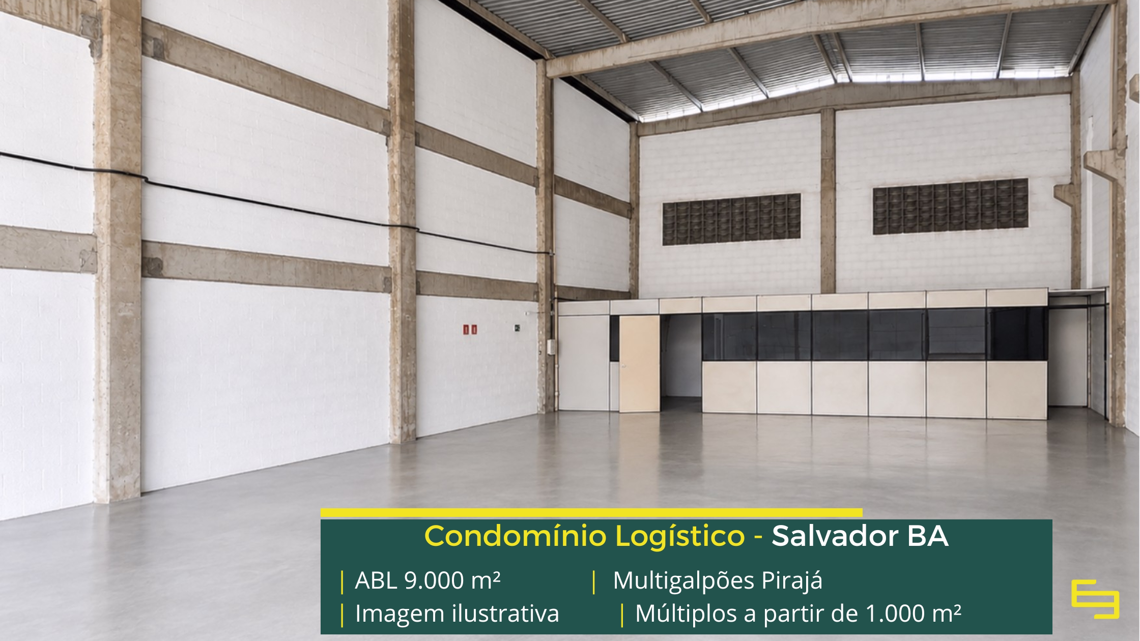 Multigalpões Pirajá: galpão em Pirajá com módulos de 100 m² a 1.000 m², pé-direito de 8 m, piso para 4 t/m² e acesso à BR-324.