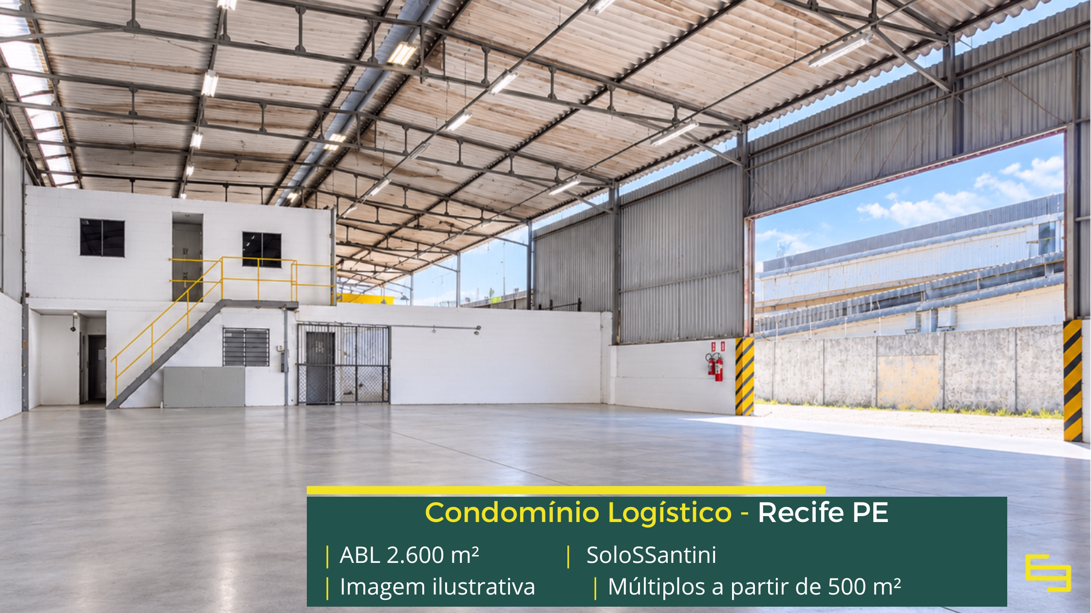 SoloSSantini: galpão em Recife PE com módulos de 200 m² a 2.600 m², piso para 5 t/m², salas comerciais e área para expansão.