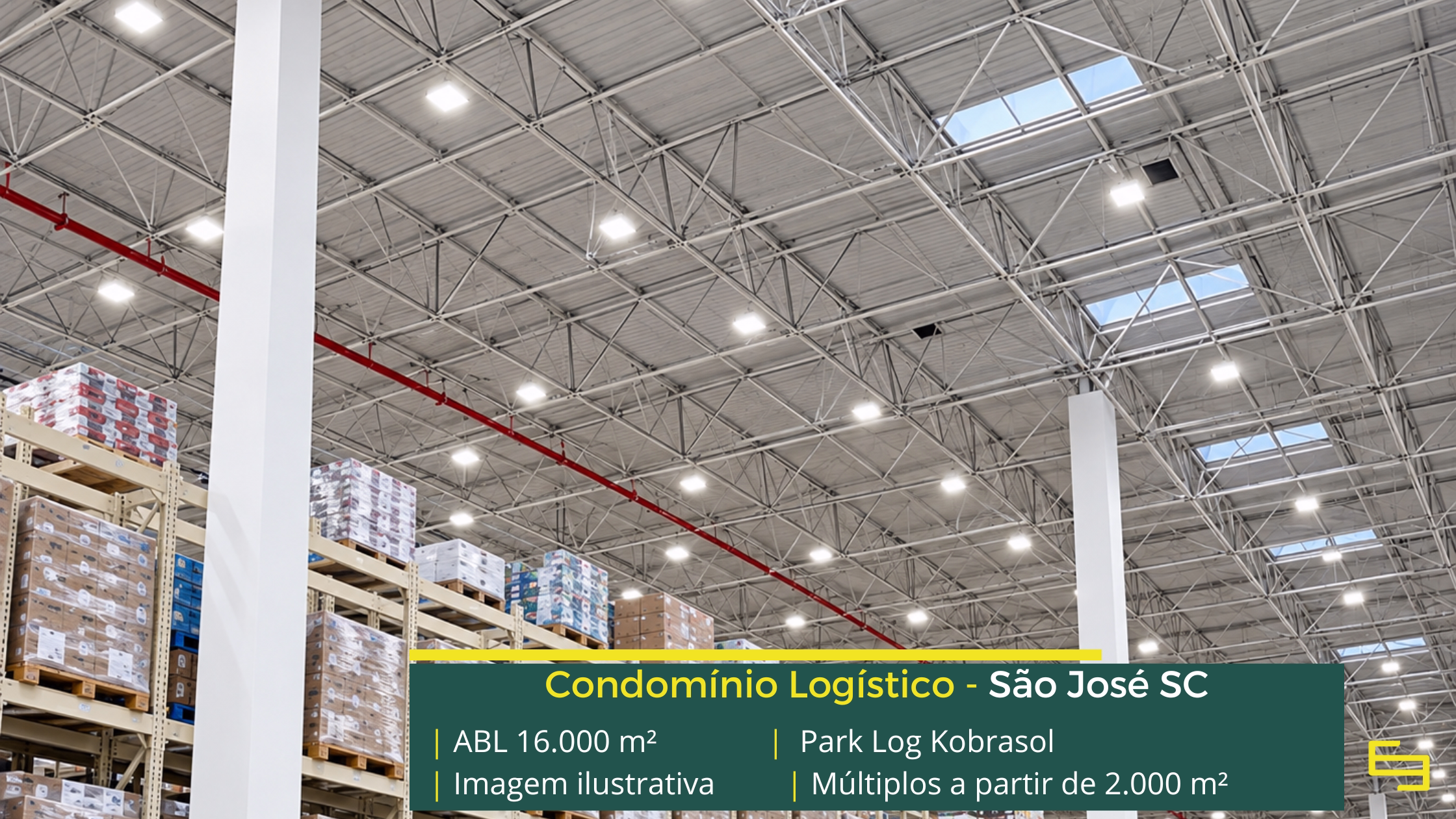 Park Log Kobrasol: galpão em São José SC com módulos a partir de aproximadamente 2.000 m², piso para 4 t/m² e acesso à BR-101.