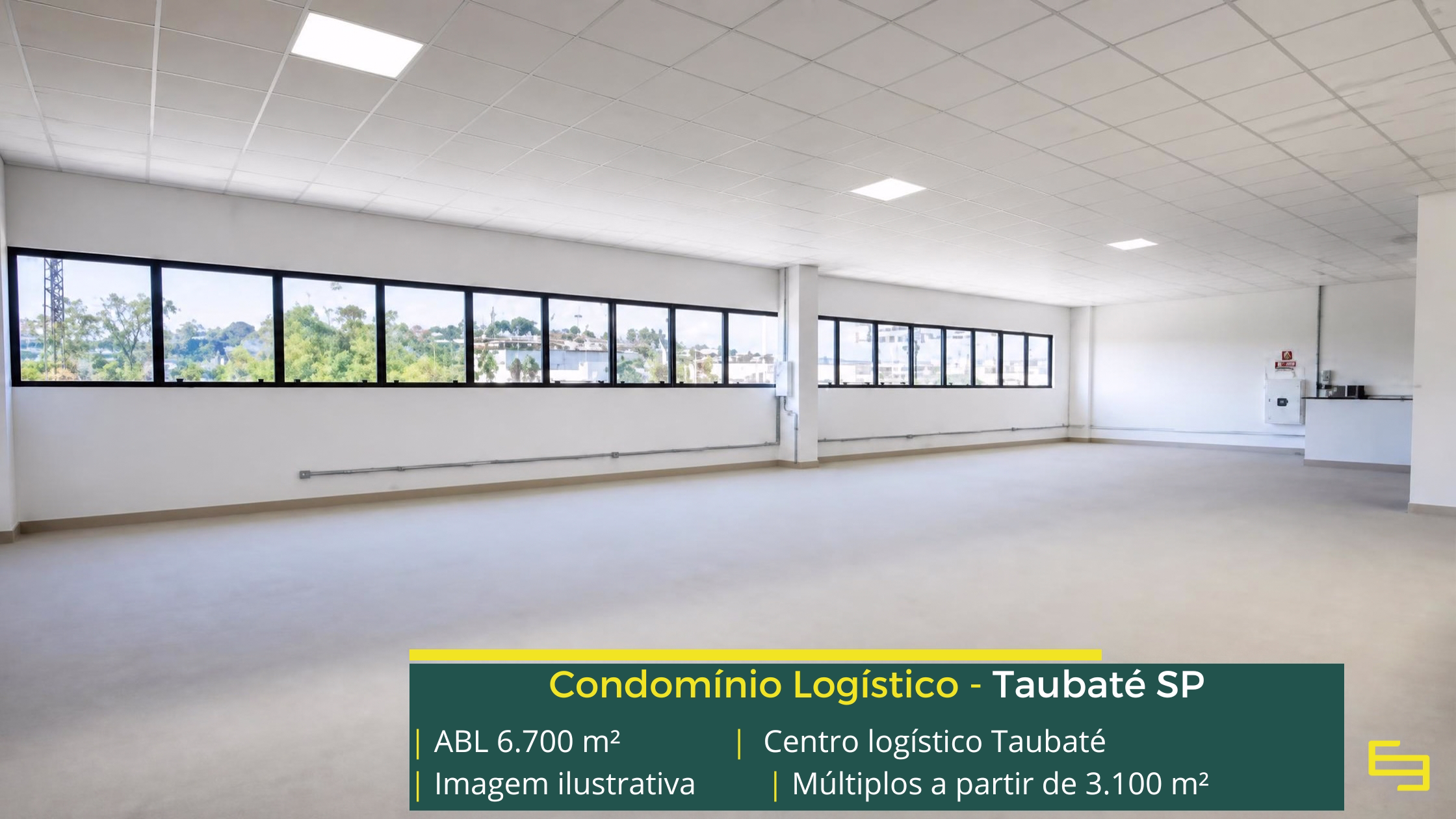 Centro Logístico Taubaté: galpão em Taubaté SP com 6.700 m² de ABL, módulos a partir de 3.100 m², pé-direito de 12 m e piso para 6 t/m².