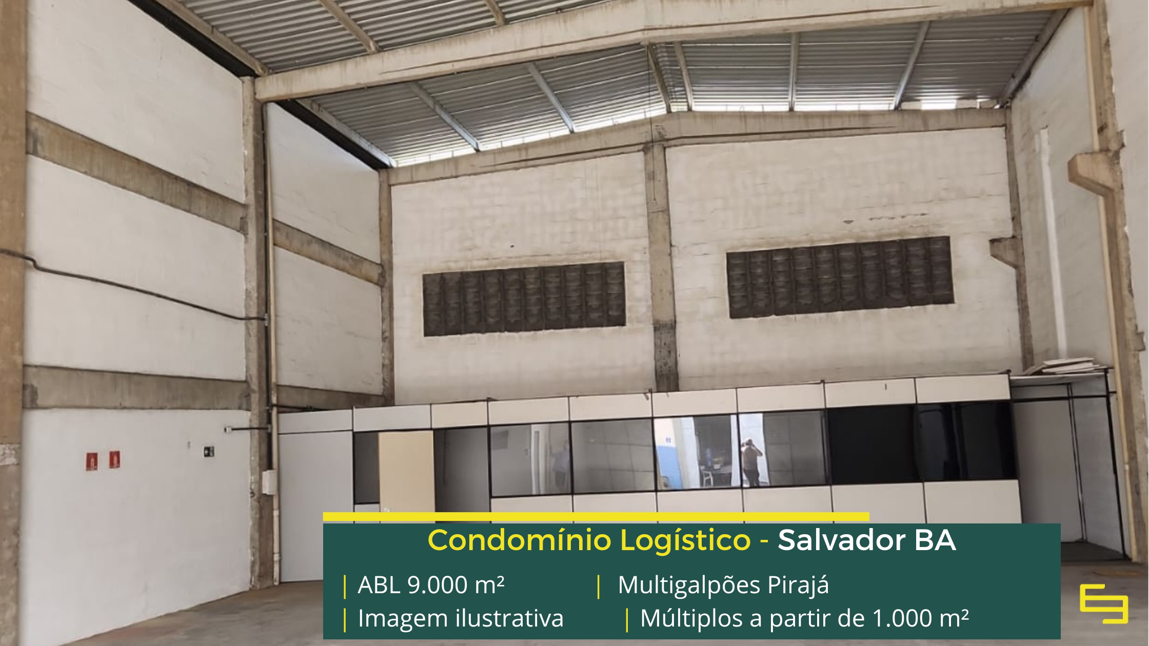 Multigalpões Pirajá: galpão em Pirajá com módulos de 100 m² a 1.000 m², pé-direito de 8 m, piso para 4 t/m² e acesso à BR-324.