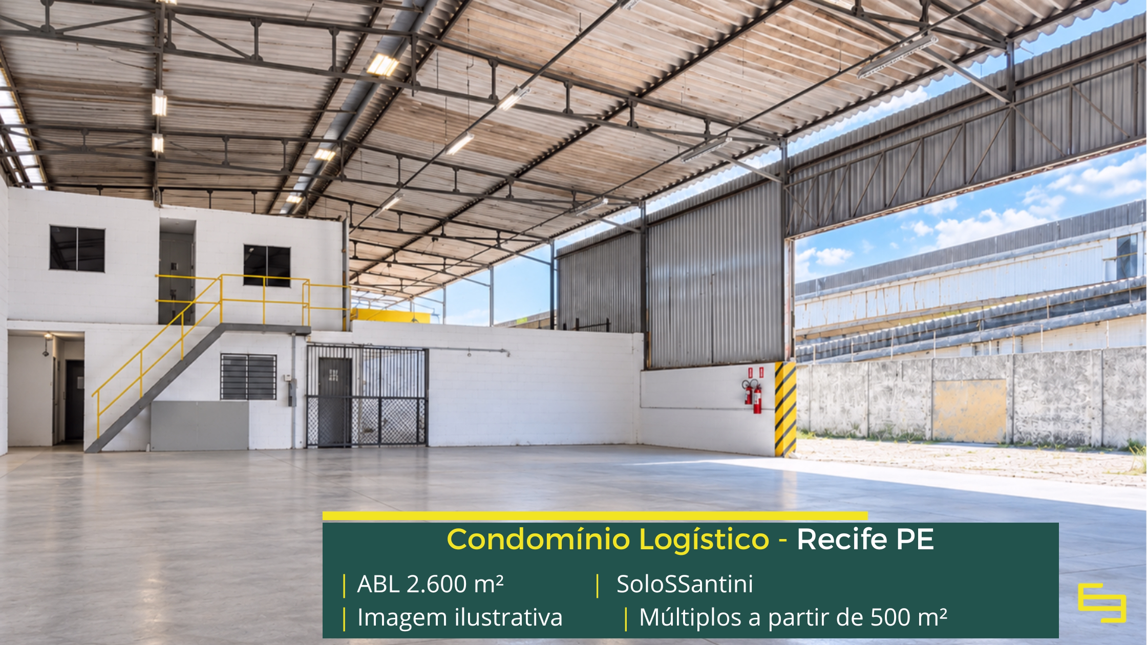 SoloSSantini: galpão em Recife PE com módulos de 200 m² a 2.600 m², piso para 5 t/m², salas comerciais e área para expansão.