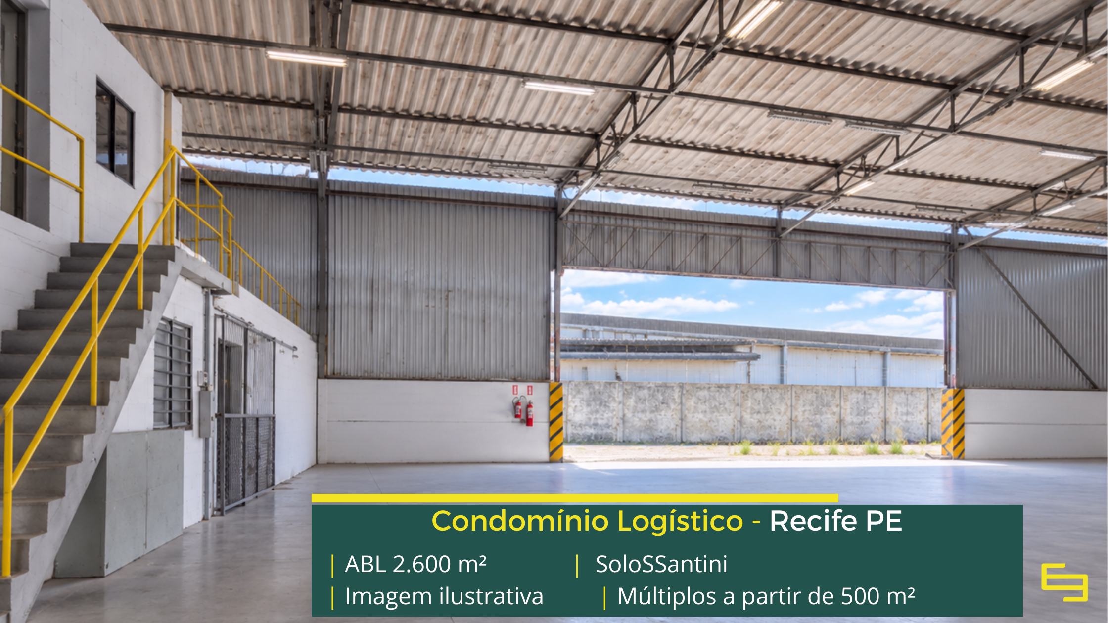 SoloSSantini: galpão em Recife PE com módulos de 200 m² a 2.600 m², piso para 5 t/m², salas comerciais e área para expansão.