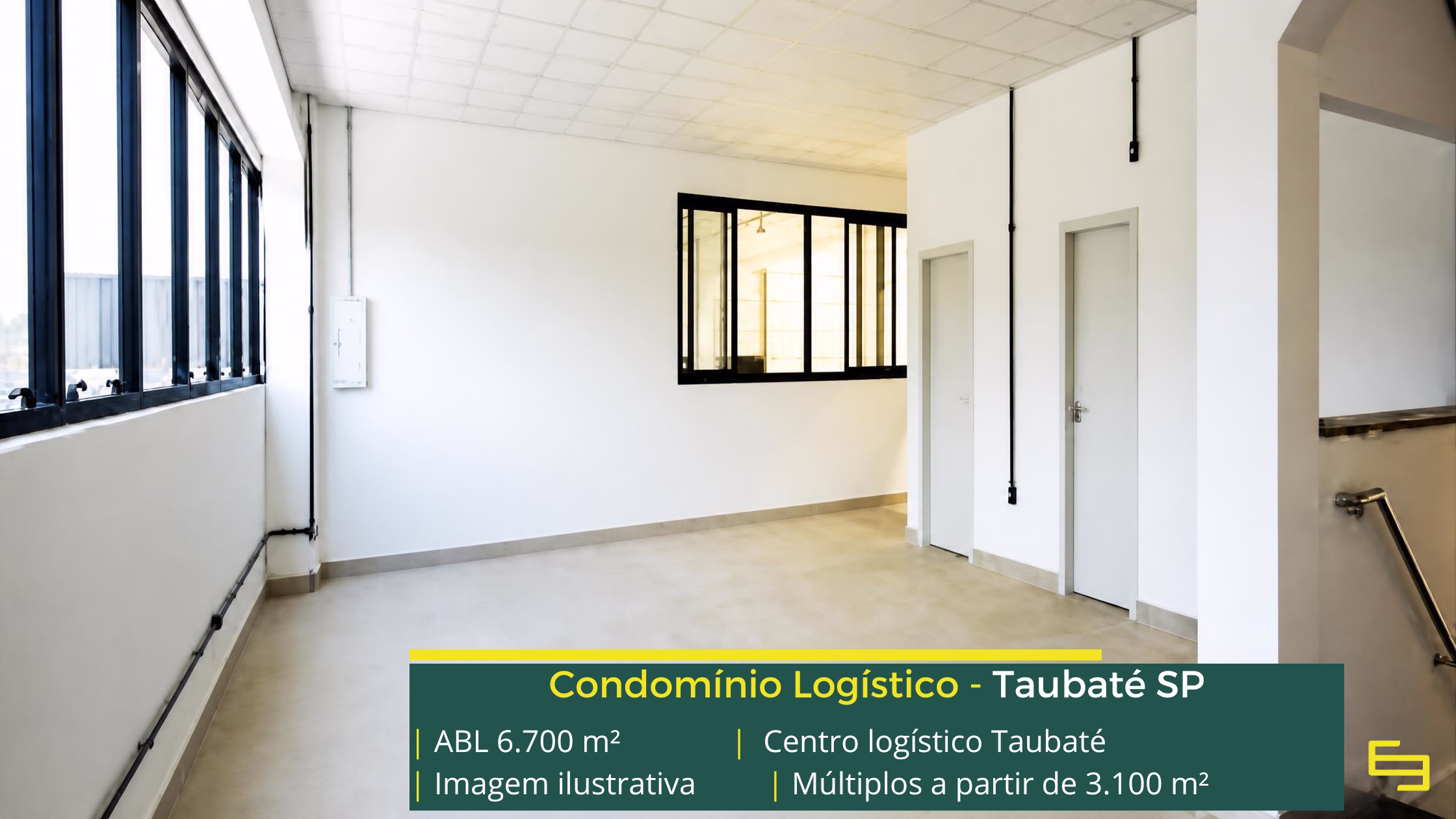 Centro Logístico Taubaté: galpão em Taubaté SP com 6.700 m² de ABL, módulos a partir de 3.100 m², pé-direito de 12 m e piso para 6 t/m².