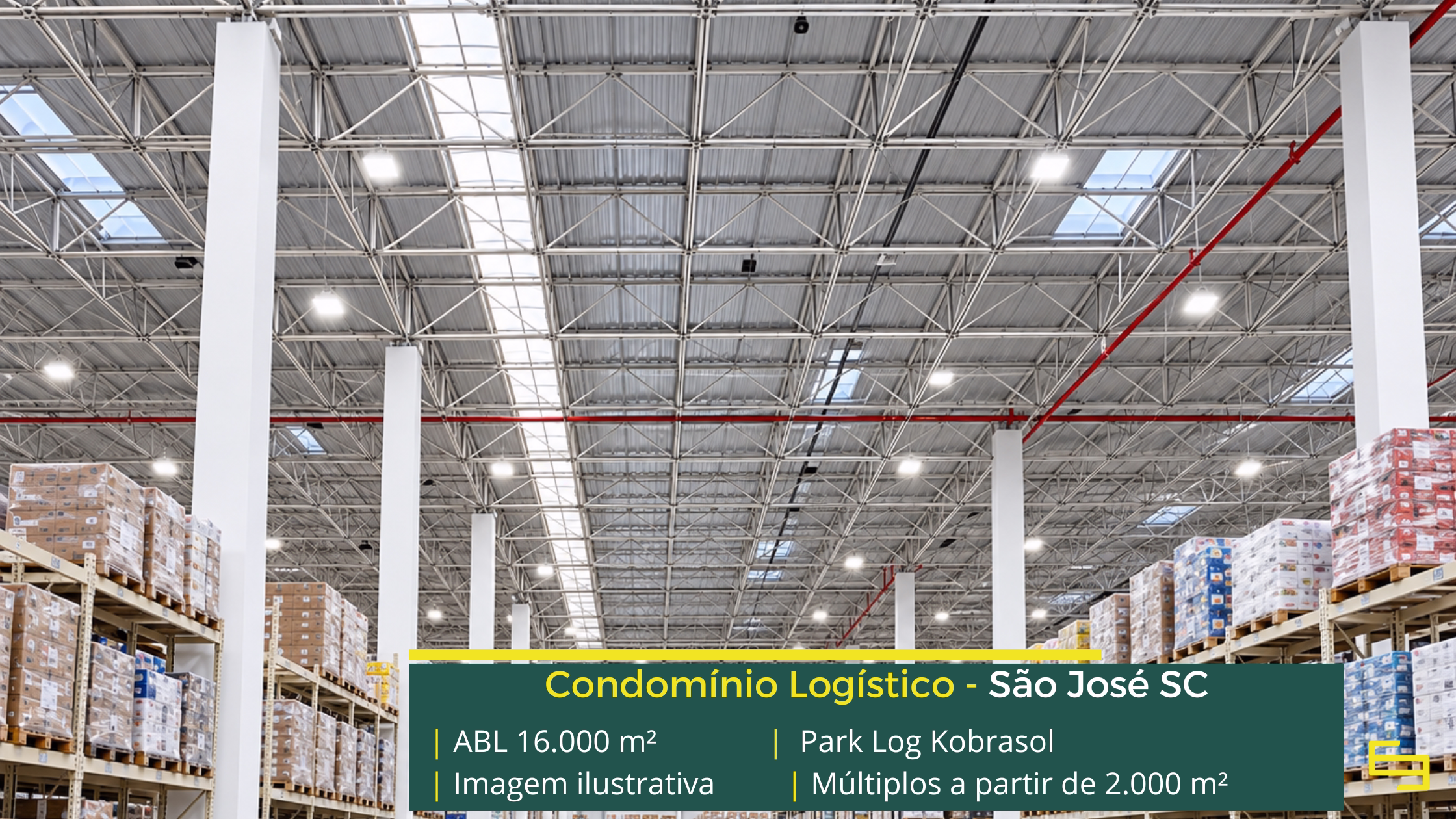 Park Log Kobrasol: galpão em São José SC com módulos a partir de aproximadamente 2.000 m², piso para 4 t/m² e acesso à BR-101.