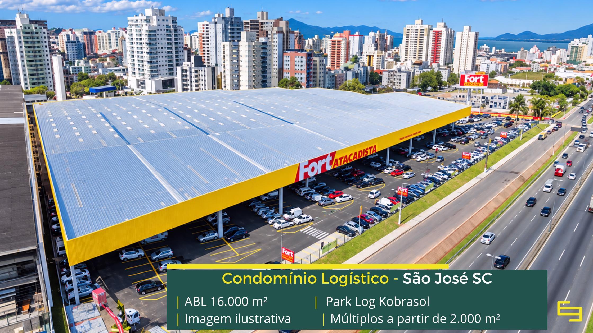 Park Log Kobrasol: galpão em São José SC com módulos a partir de aproximadamente 2.000 m², piso para 4 t/m² e acesso à BR-101.