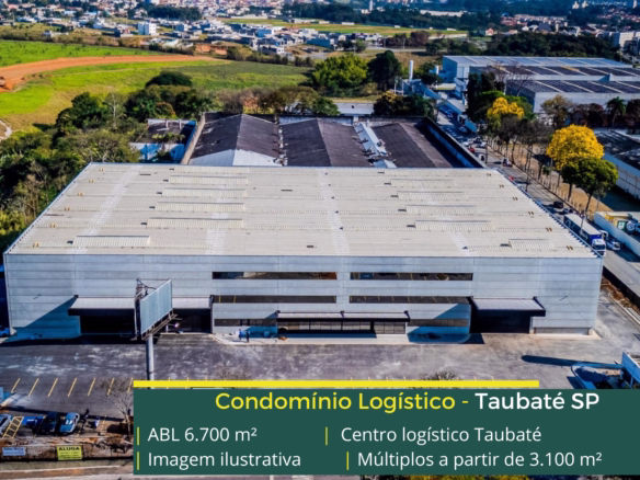 Centro Logístico Taubaté: galpão em Taubaté SP com 6.700 m² de ABL, módulos a partir de 3.100 m², pé-direito de 12 m e piso para 6 t/m².