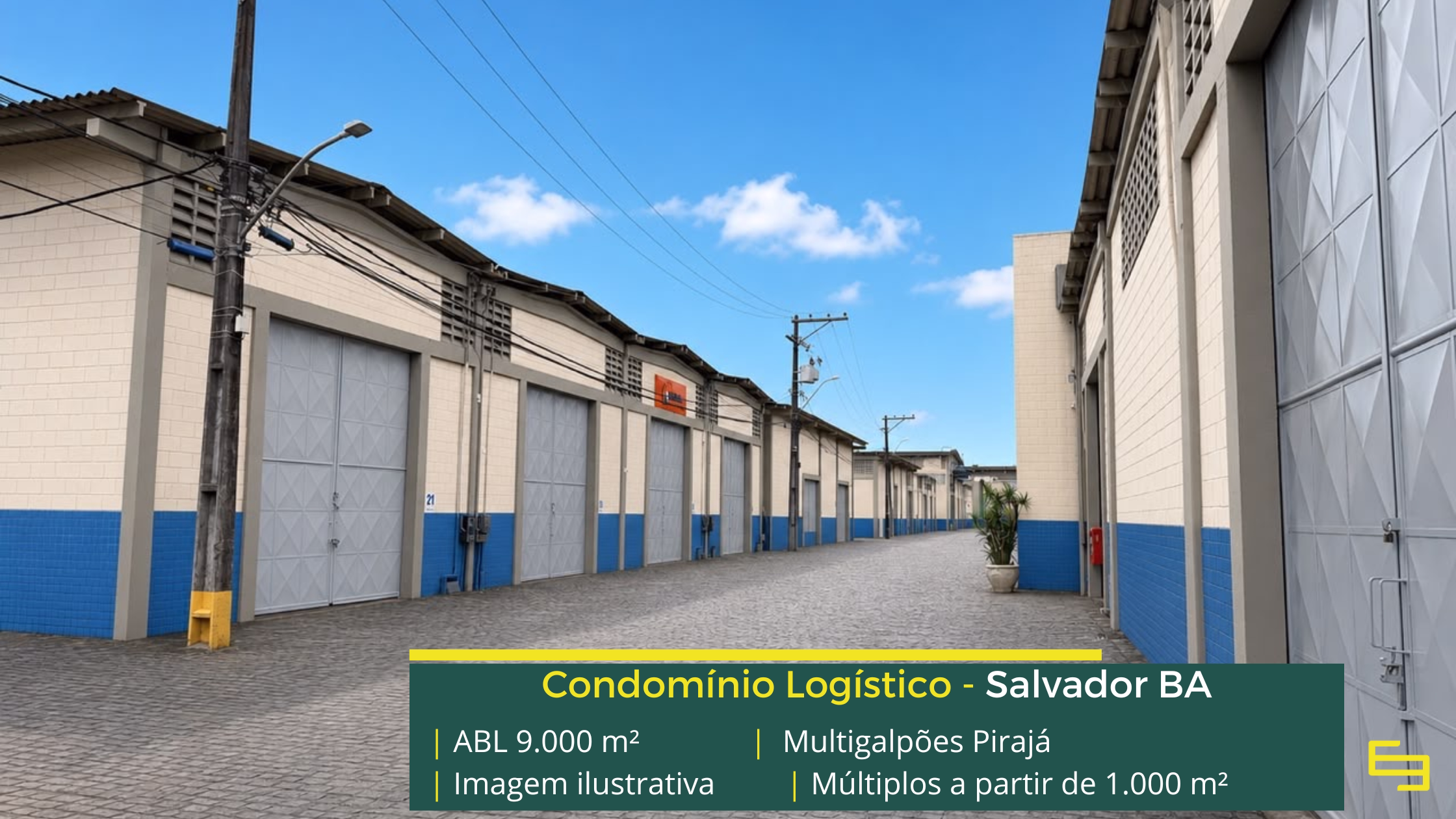 Multigalpões Pirajá: galpão em Pirajá com módulos de 100 m² a 1.000 m², pé-direito de 8 m, piso para 4 t/m² e acesso à BR-324.