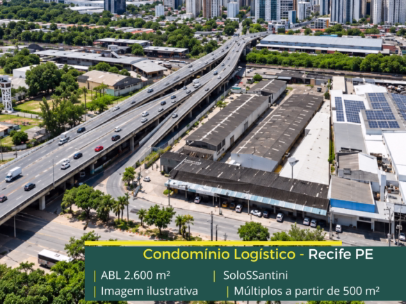 SoloSSantini: galpão em Recife PE com módulos de 200 m² a 2.600 m², piso para 5 t/m², salas comerciais e área para expansão.