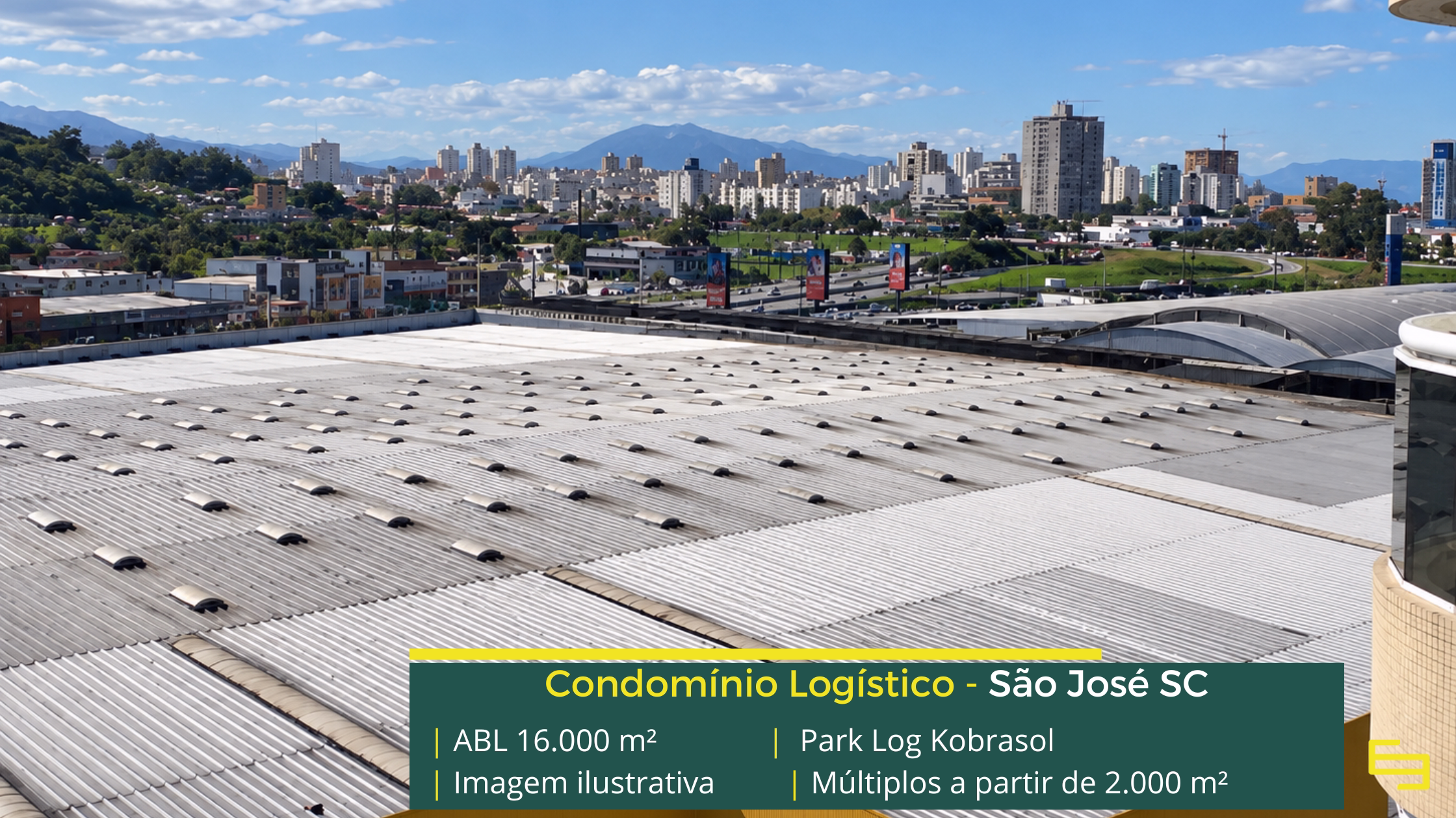 Park Log Kobrasol: galpão em São José SC com módulos a partir de aproximadamente 2.000 m², piso para 4 t/m² e acesso à BR-101.