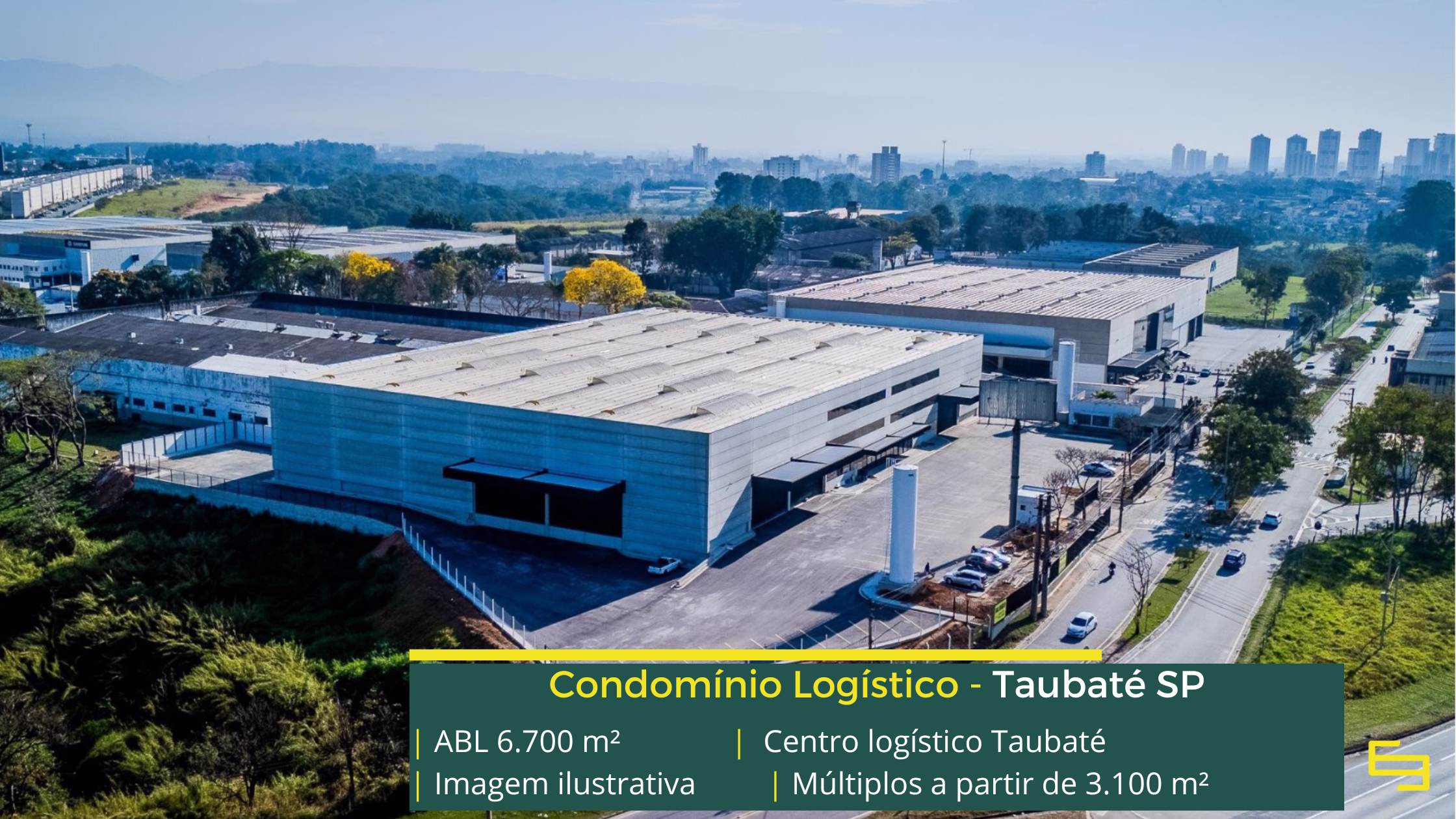 Centro Logístico Taubaté: galpão em Taubaté SP com 6.700 m² de ABL, módulos a partir de 3.100 m², pé-direito de 12 m e piso para 6 t/m².