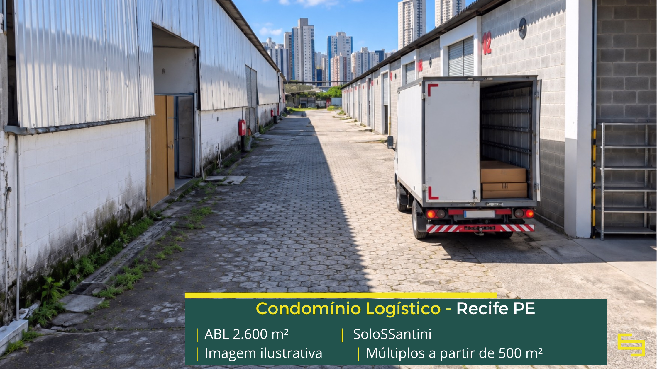 SoloSSantini: galpão em Recife PE com módulos de 200 m² a 2.600 m², piso para 5 t/m², salas comerciais e área para expansão.