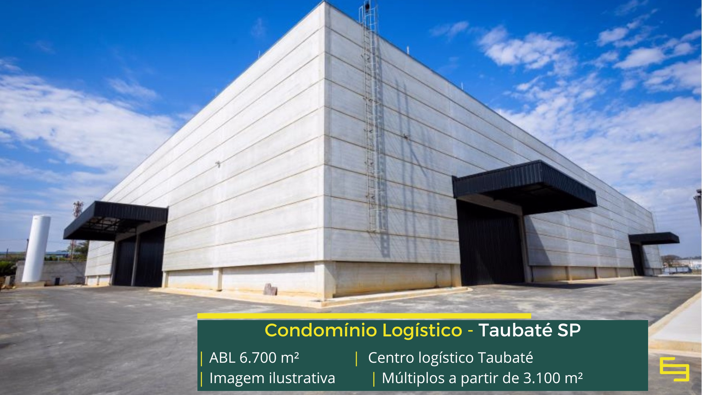 Centro Logístico Taubaté: galpão em Taubaté SP com 6.700 m² de ABL, módulos a partir de 3.100 m², pé-direito de 12 m e piso para 6 t/m².
