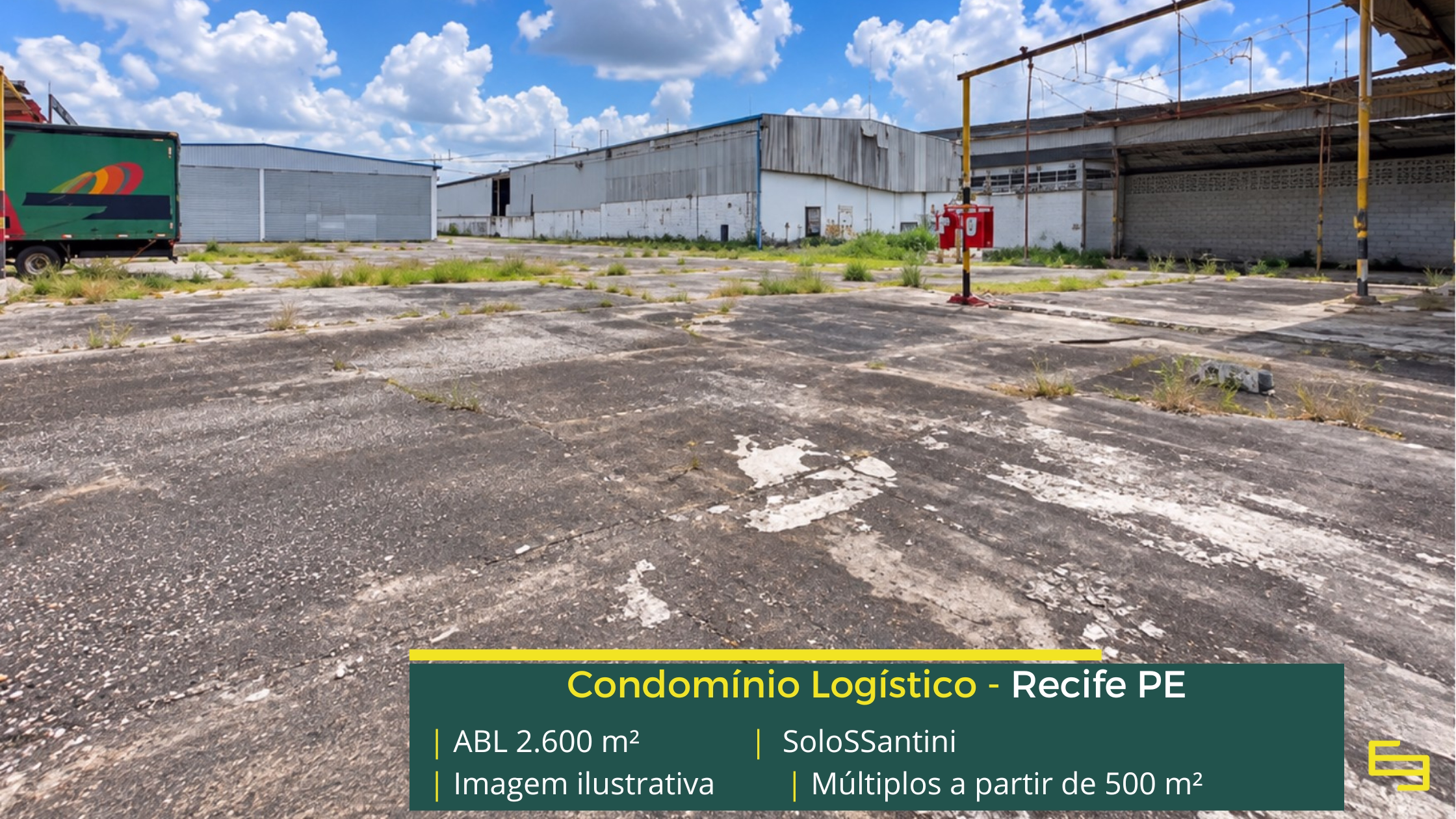 SoloSSantini: galpão em Recife PE com módulos de 200 m² a 2.600 m², piso para 5 t/m², salas comerciais e área para expansão.