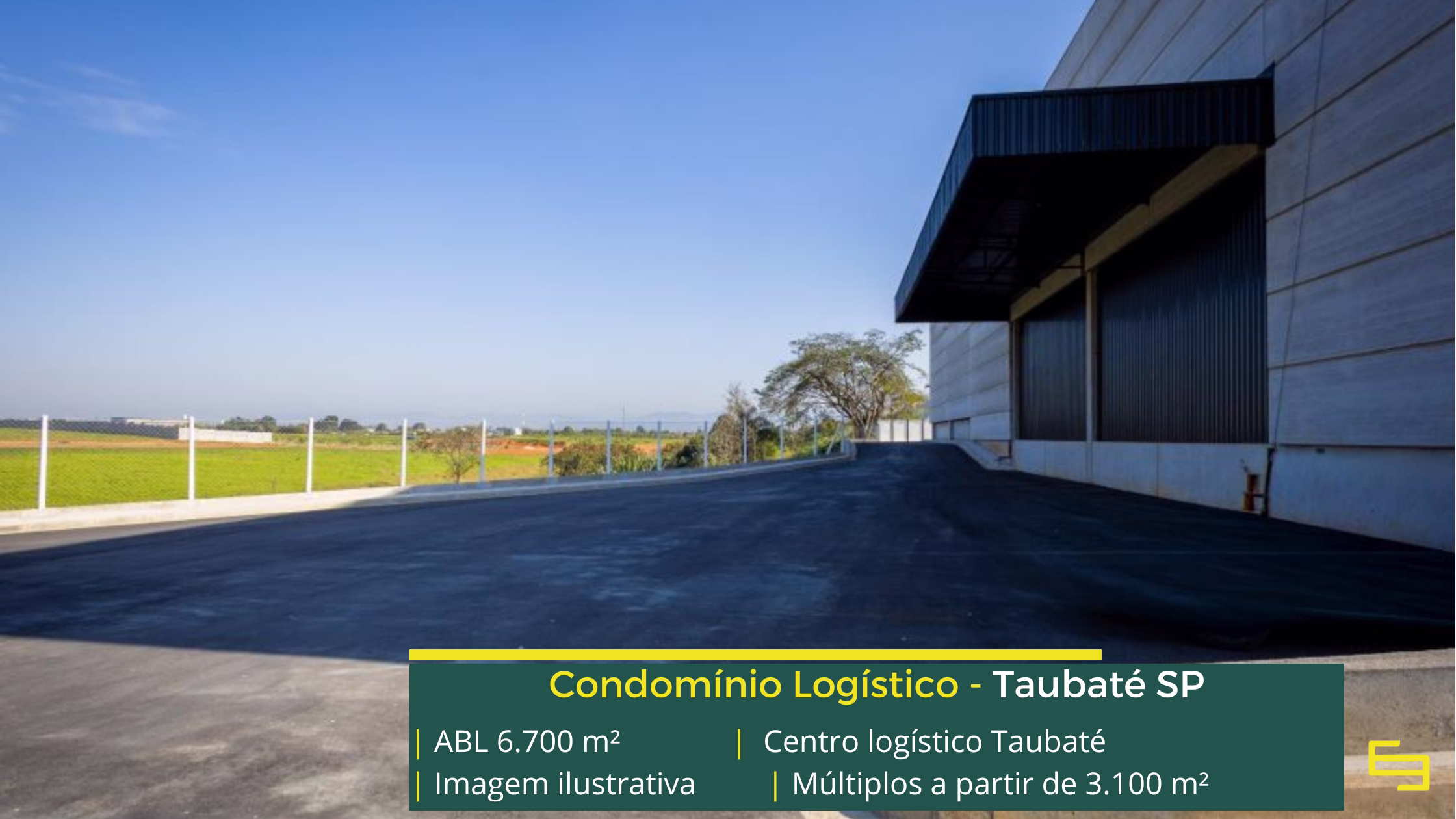Centro Logístico Taubaté: galpão em Taubaté SP com 6.700 m² de ABL, módulos a partir de 3.100 m², pé-direito de 12 m e piso para 6 t/m².
