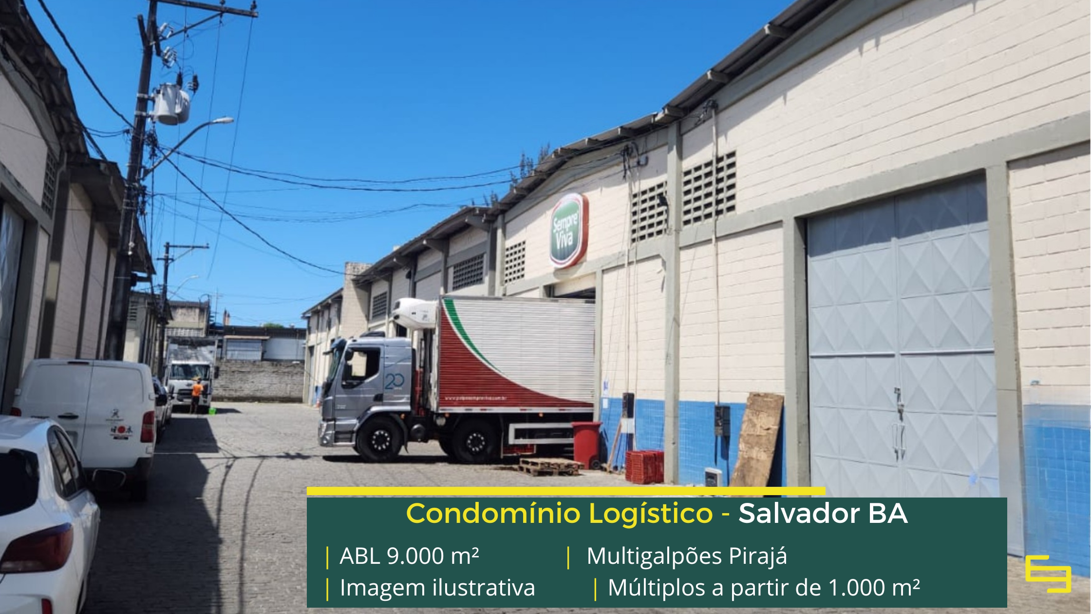 Multigalpões Pirajá: galpão em Pirajá com módulos de 100 m² a 1.000 m², pé-direito de 8 m, piso para 4 t/m² e acesso à BR-324.