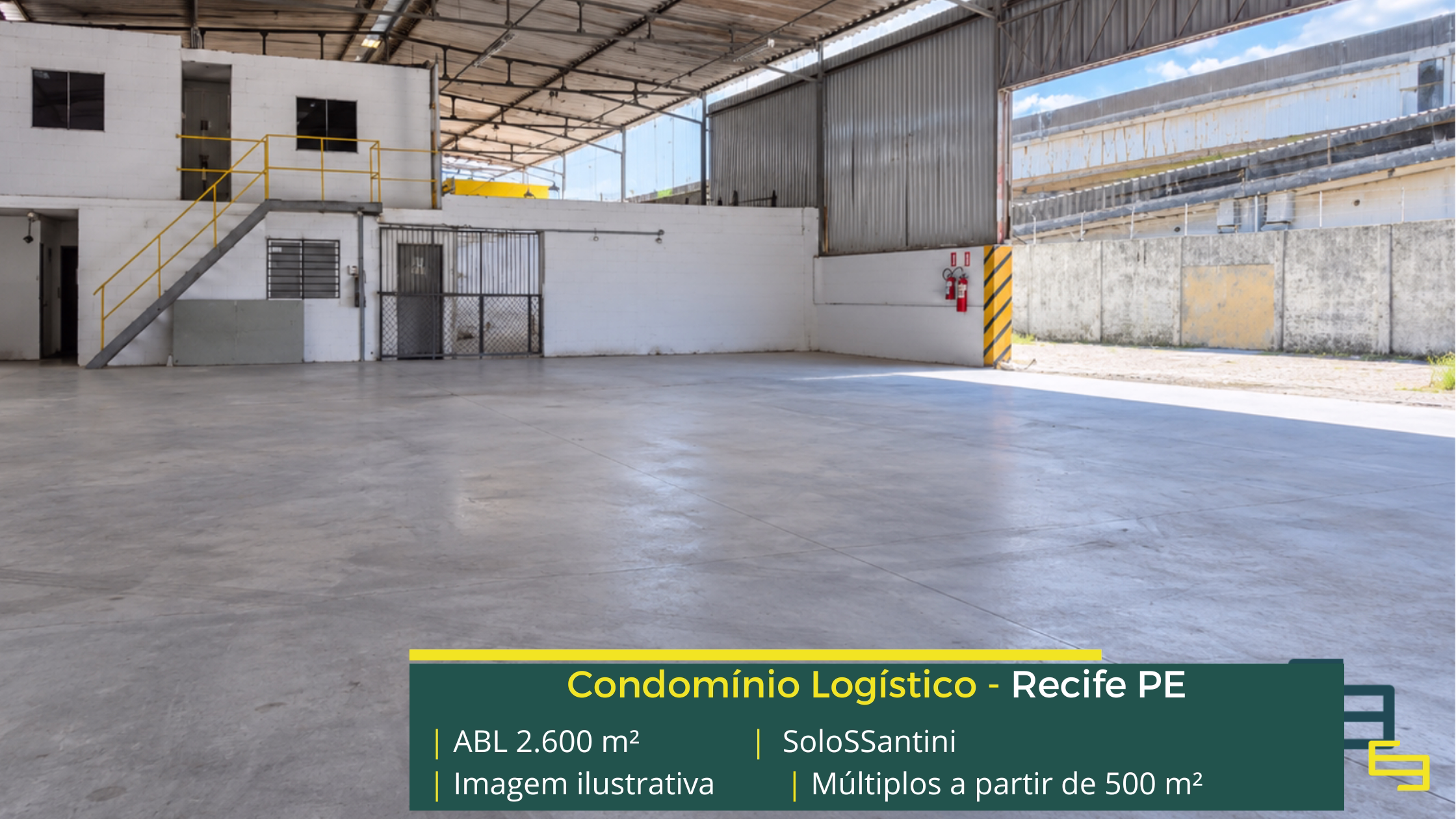SoloSSantini: galpão em Recife PE com módulos de 200 m² a 2.600 m², piso para 5 t/m², salas comerciais e área para expansão.